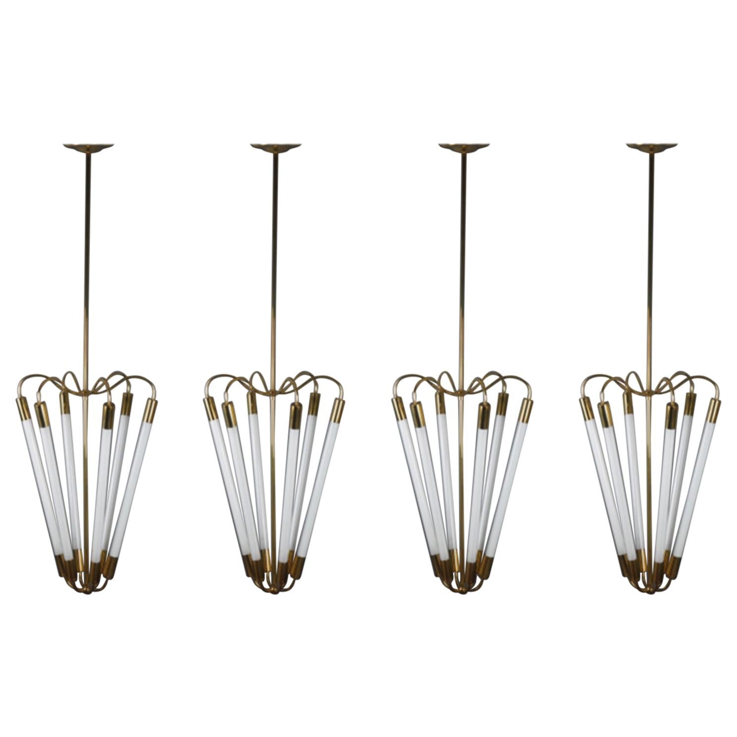 Set of Four Stunning Bauhaus Chandeliers by Kaiser, Germany, circa 1940s