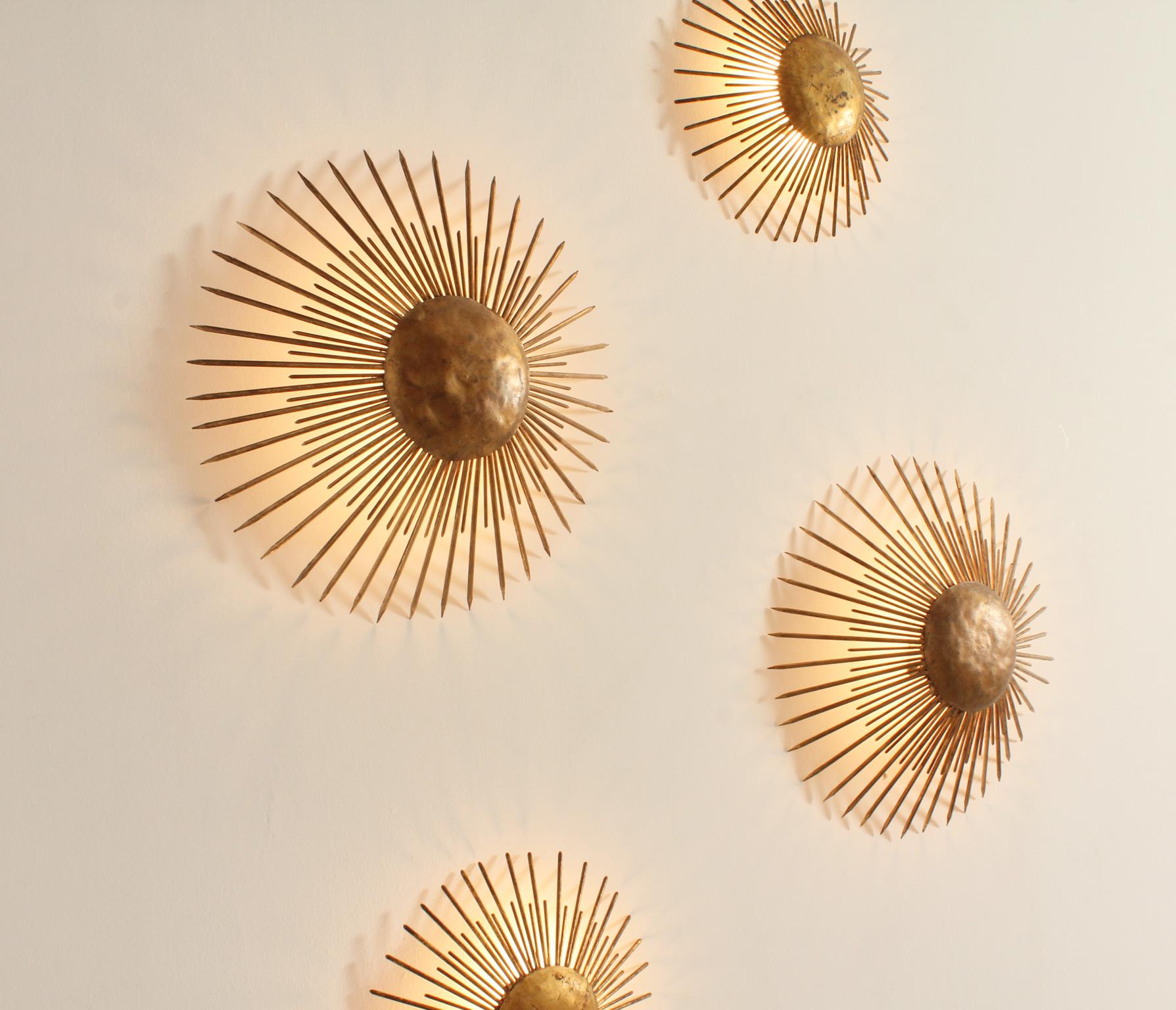 Set of Four Sunburst Wall or Ceiling Lamps in Gilt Iron, Spain, 1950's For Sale 4