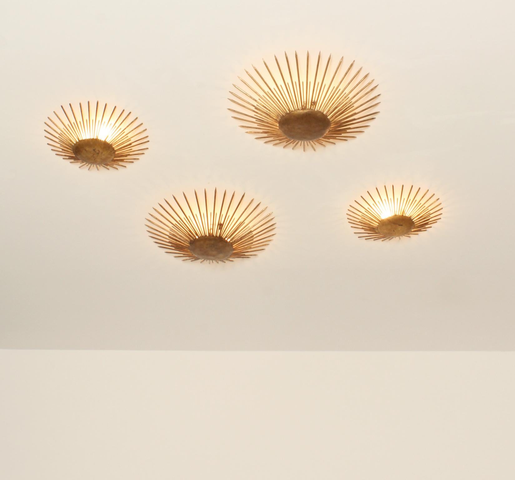 Set of Four Sunburst Wall or Ceiling Lamps in Gilt Iron, Spain, 1950's For Sale 9