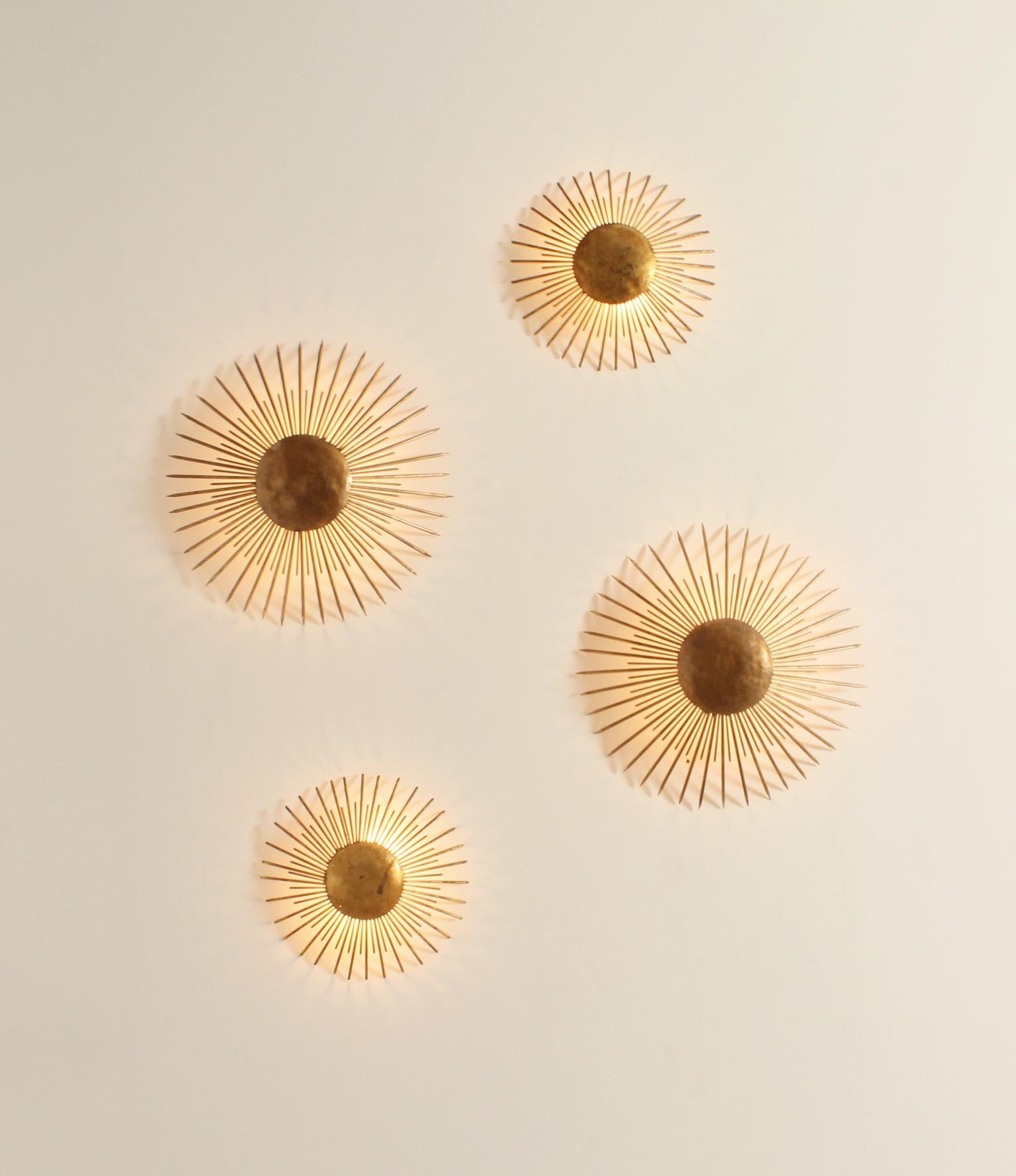 Set of Four Sunburst Wall or Ceiling Lamps in Gilt Iron, Spain, 1950's For Sale 10