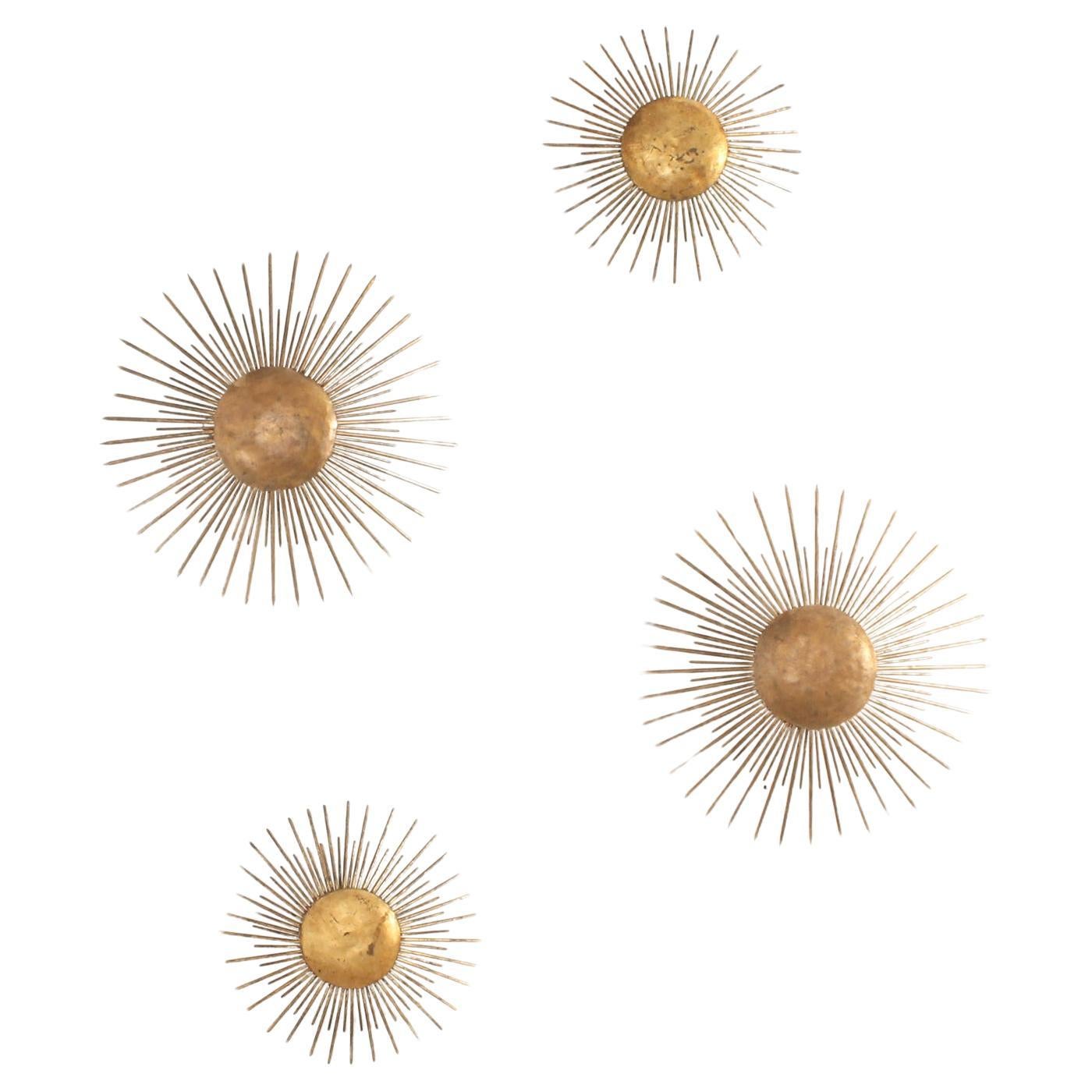 Set of Four Sunburst Wall or Ceiling Lamps in Gilt Iron, Spain, 1950's For Sale