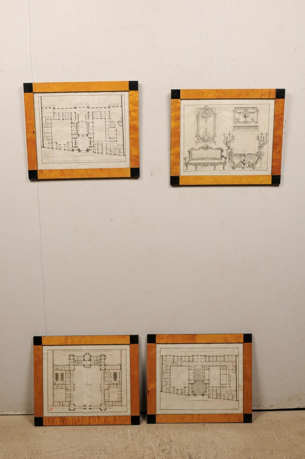 A collection of four Swedish architectural design etchings in period Karl Johan frames from the 19th century. This antique set of framed wall art from Sweden features a collection of architectural, garden, and interior decor etchings from the 19th