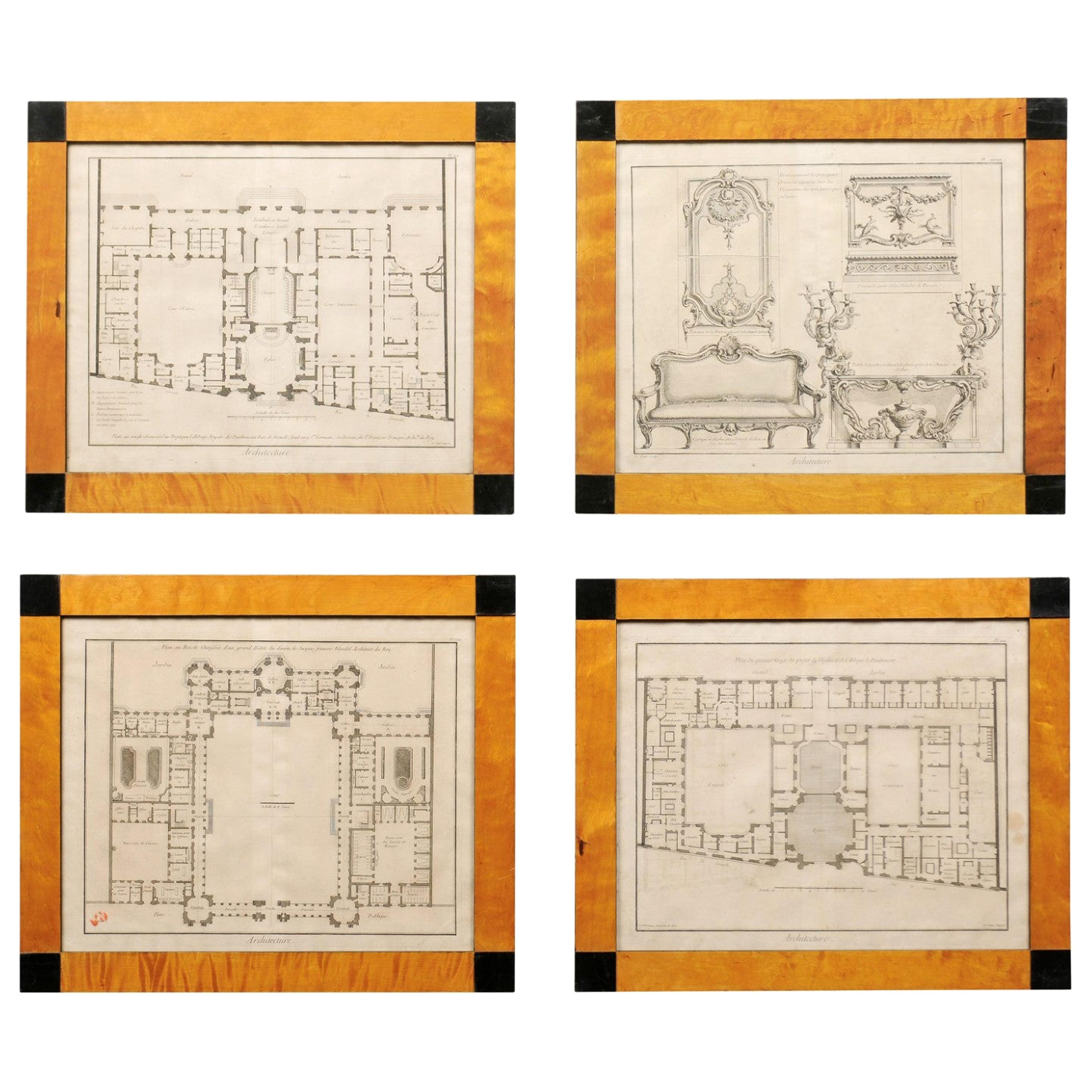 Ensemble de quatre gravures de design architectural suédois dans des cadres d'époque Karl Johan en vente
