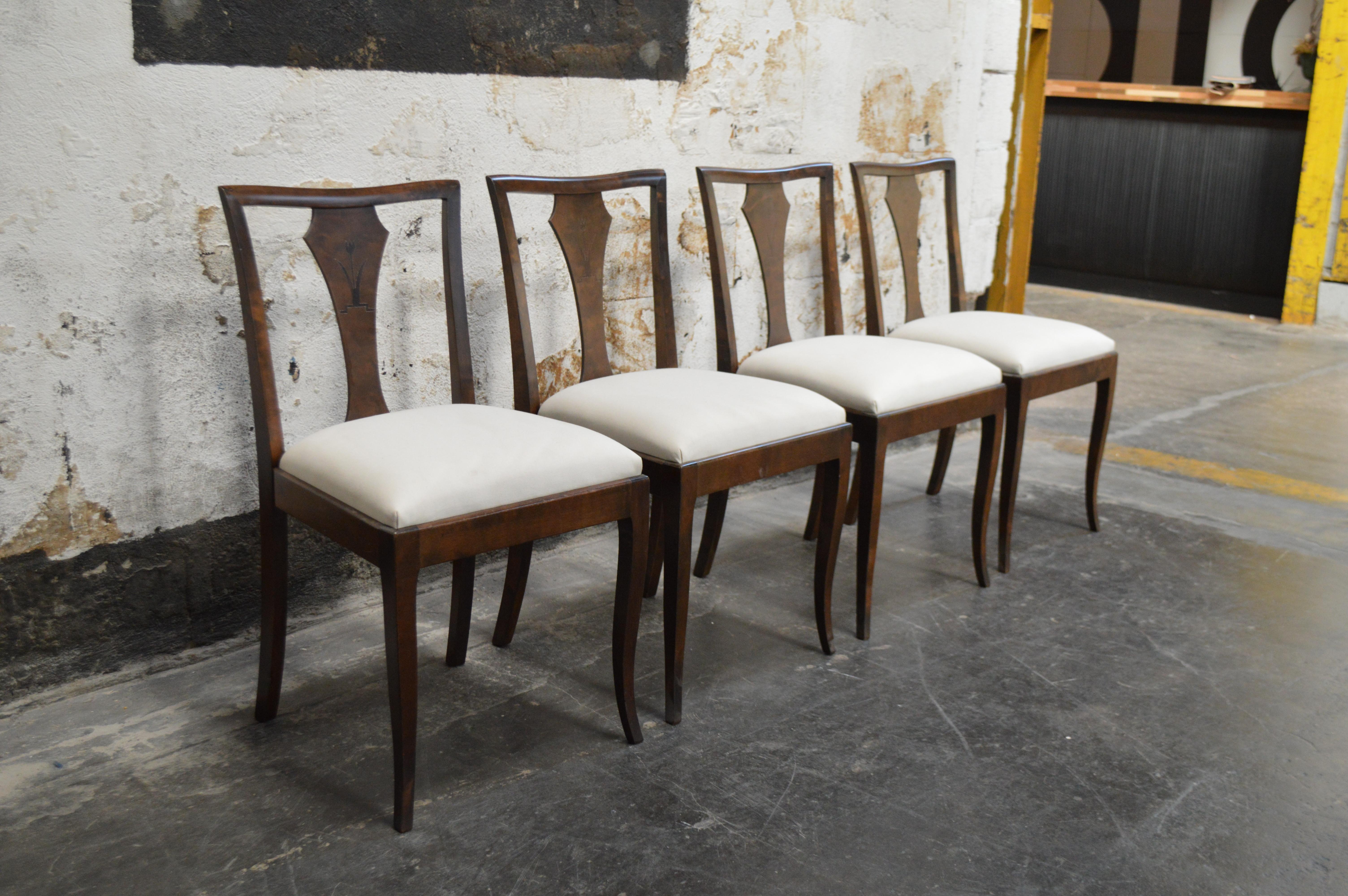 Mid-20th Century Set of Four Swedish Art Deco Birch Intarsia Dining Chairs