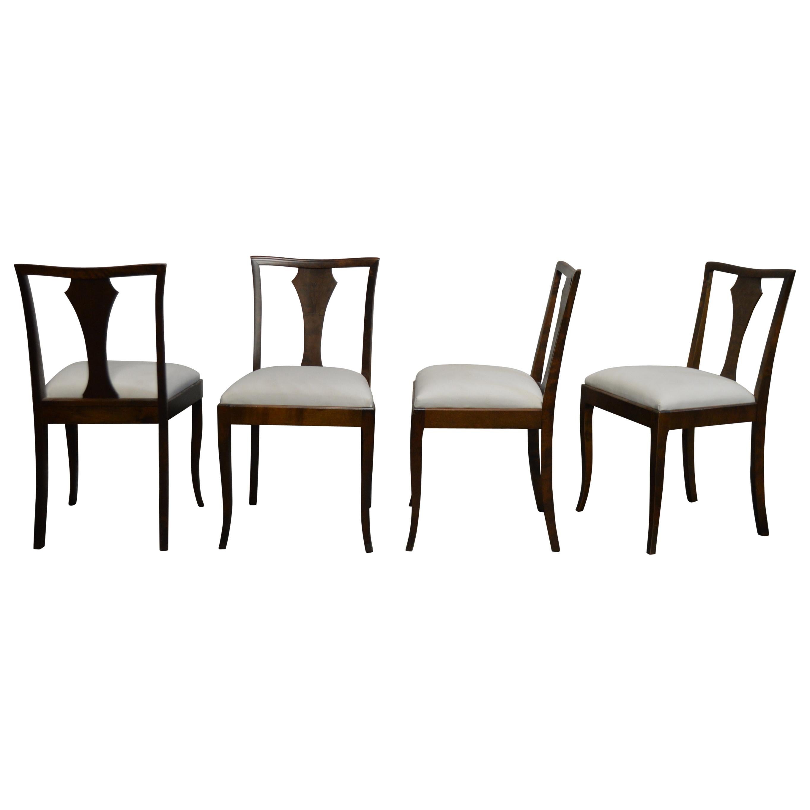 Set of Four Swedish Art Deco Birch Intarsia Dining Chairs
