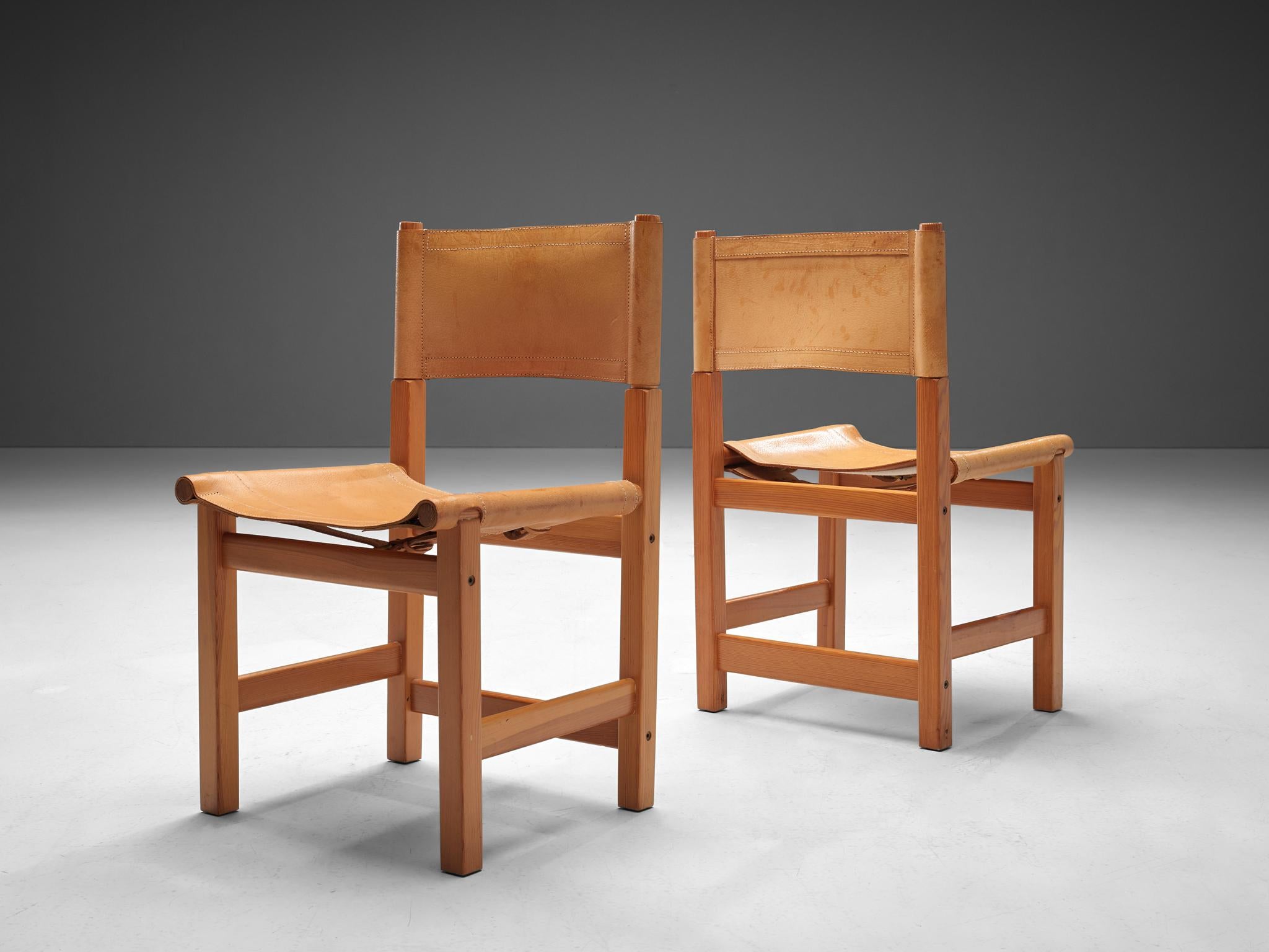 Scandinavian Modern Set of Four Swedish Dining Chairs in Pine and Leather For Sale