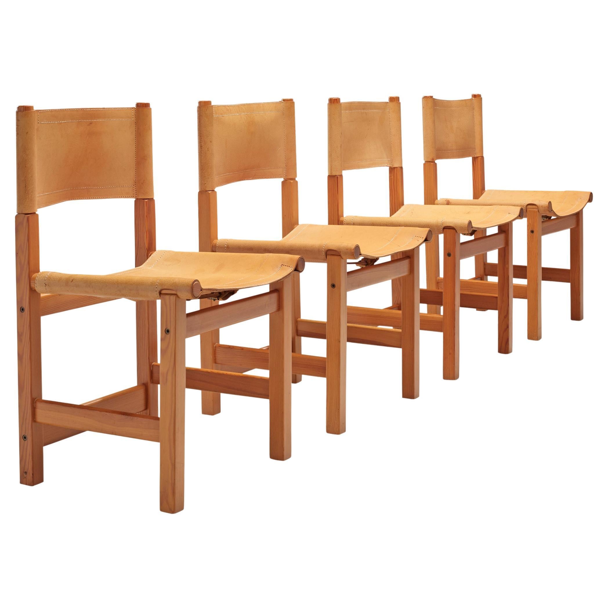 Set of Four Swedish Dining Chairs in Pine and Leather For Sale