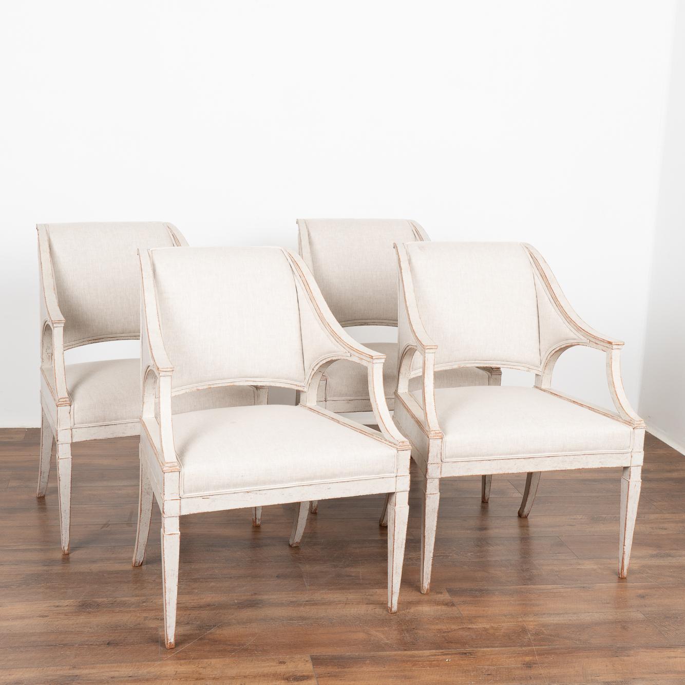 Set of Four Swedish Gustavian White Painted Arm Chairs, circa 1820-40 In Good Condition In Round Top, TX