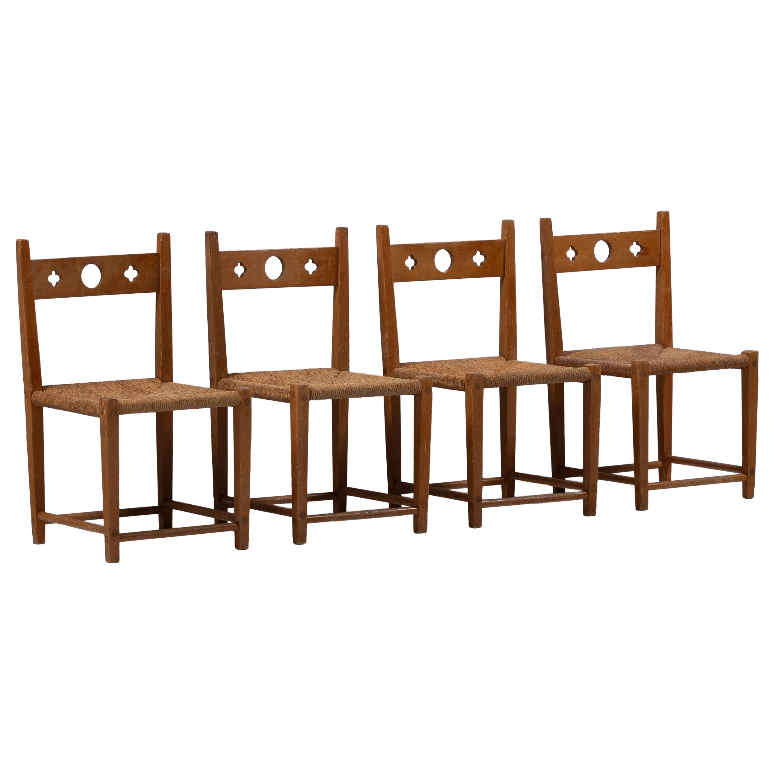 Set of Four Swedish Pine Chairs with Rush Seats, Sweden, 1940s