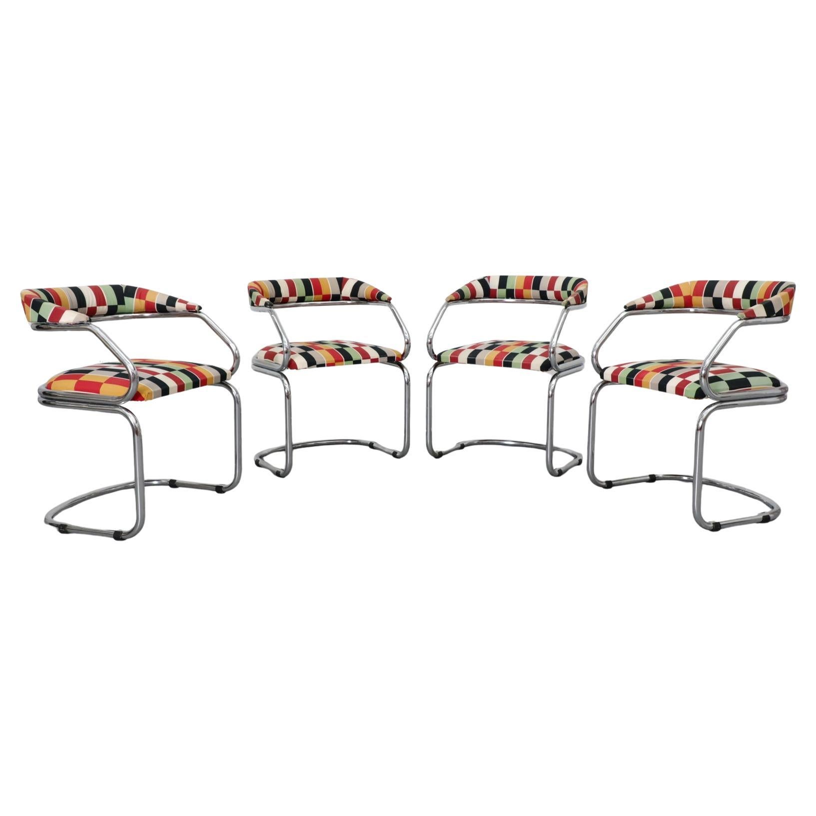 Set of Four Swiss Modernist Tubular 1970s Dining Chairs with MOD Upholstery