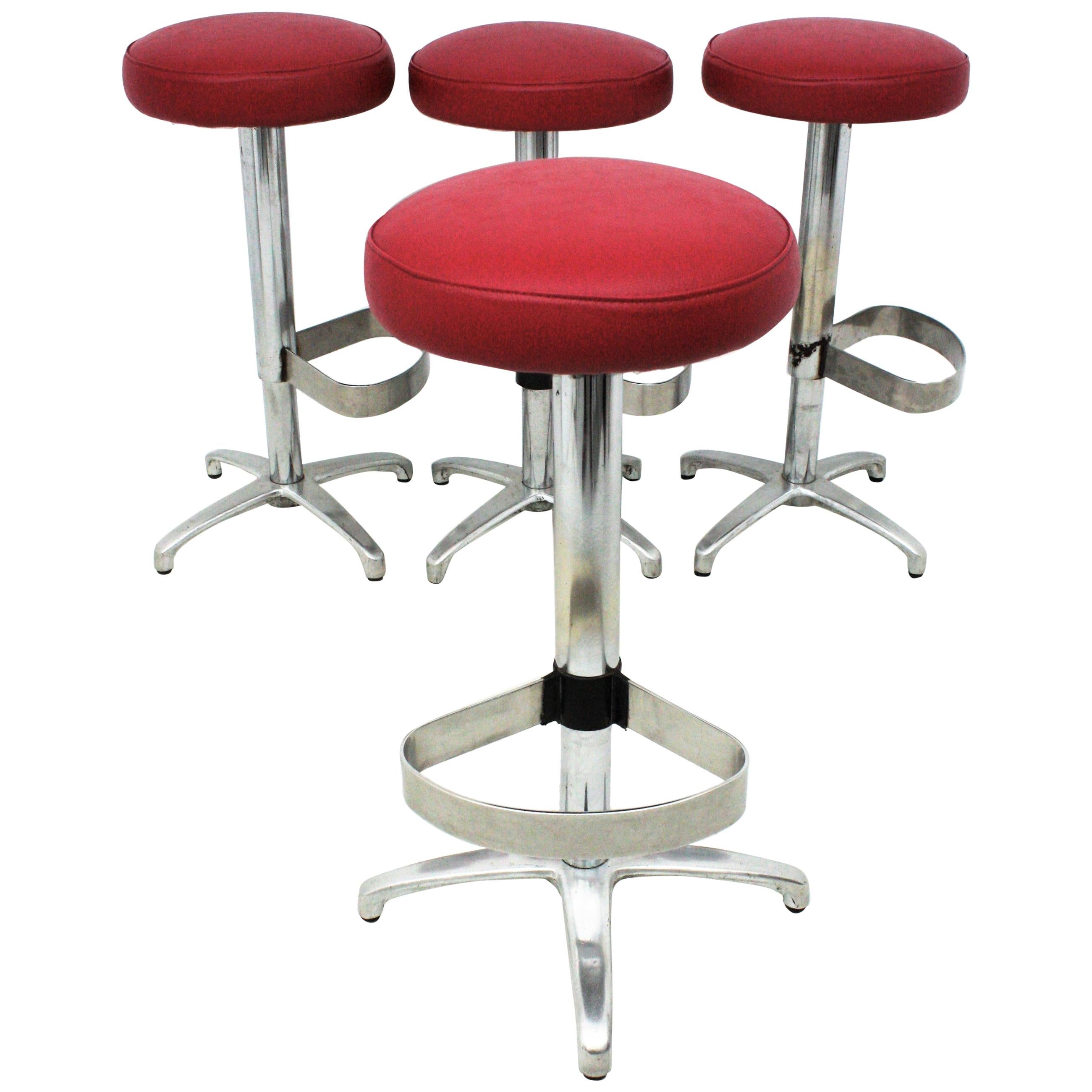 Set of Four Bar Stools in Red Leatherette and Metal