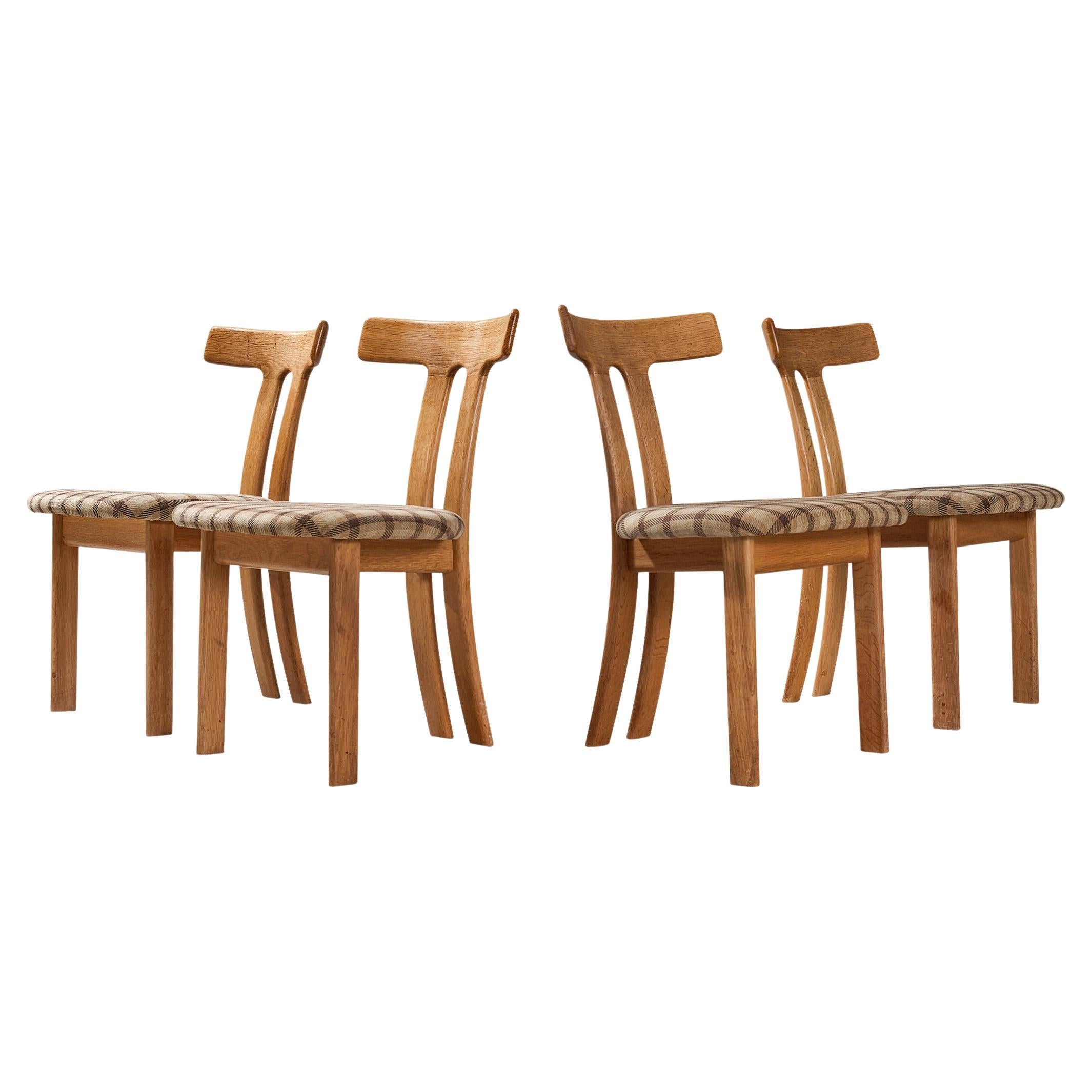 Set of Four 'T-shape' Dining Chairs in Oak and Brown Checkered Upholstery