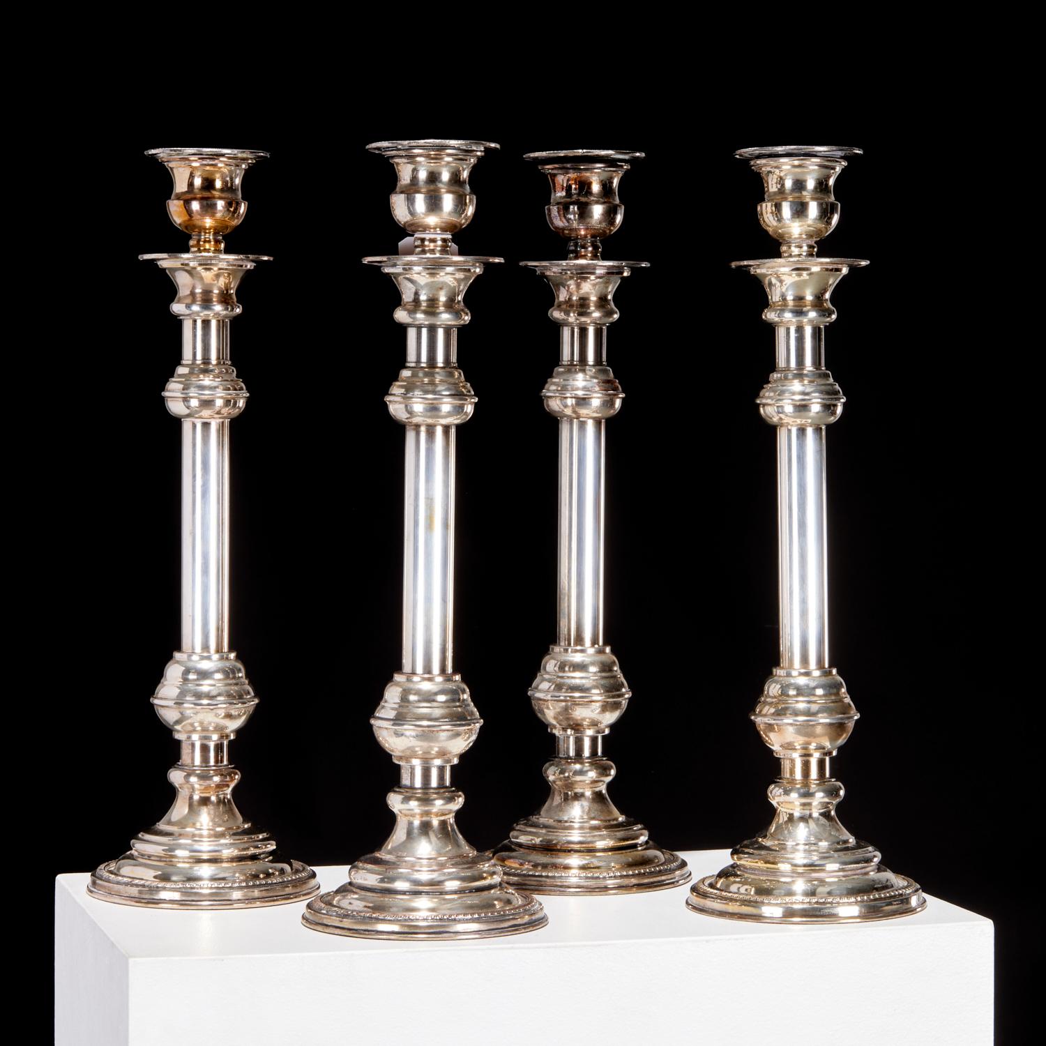 Set of Four Tall Silver Plate Candlesticks by Elkington & Co., England For Sale 1