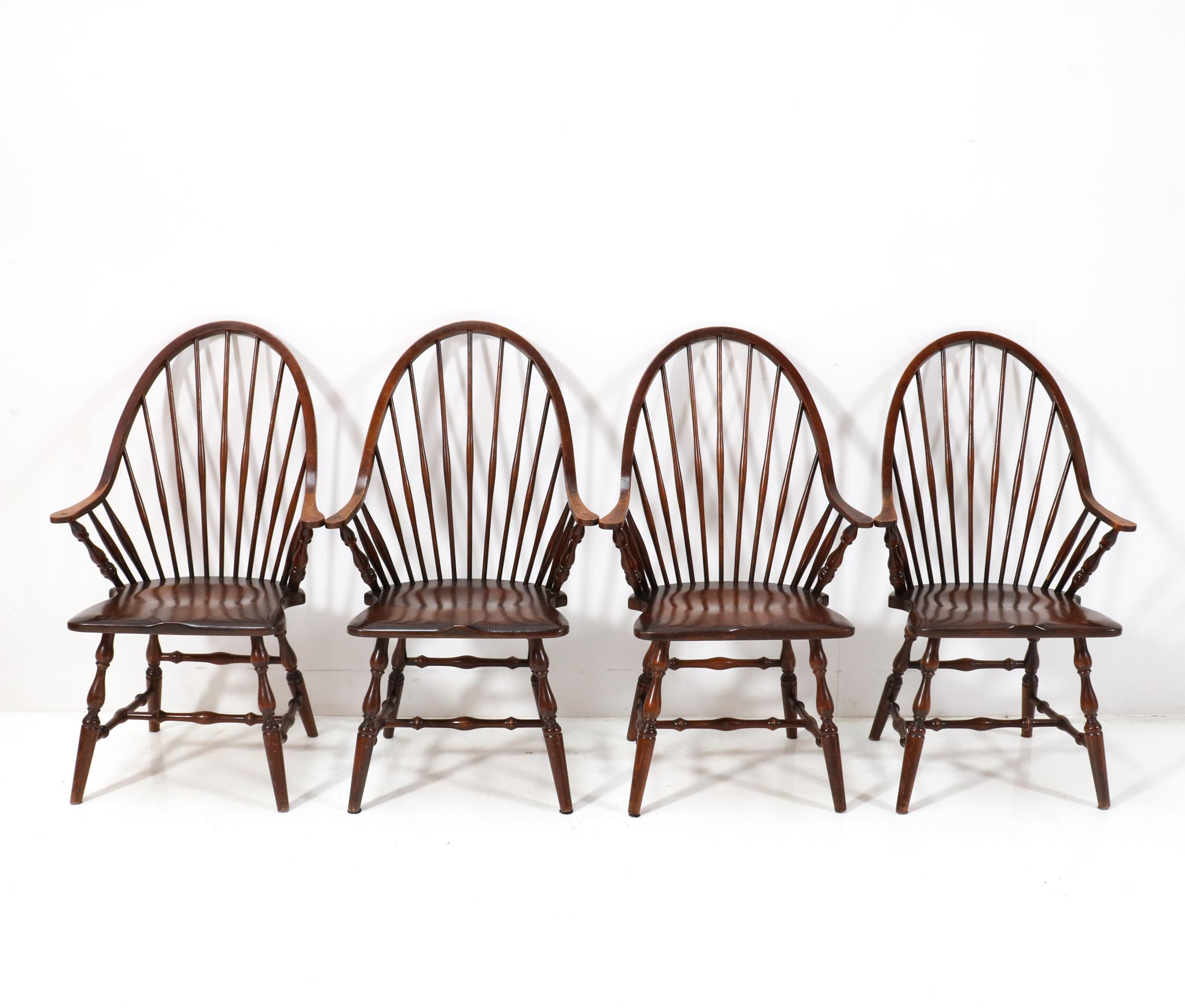 International Style Set of Four Tall Spindle Back Windsor Style Armchairs, 1960s