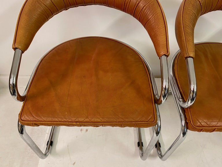 Set of Four Tan Leather Dining Chairs by Giotto Stoppino For Sale at