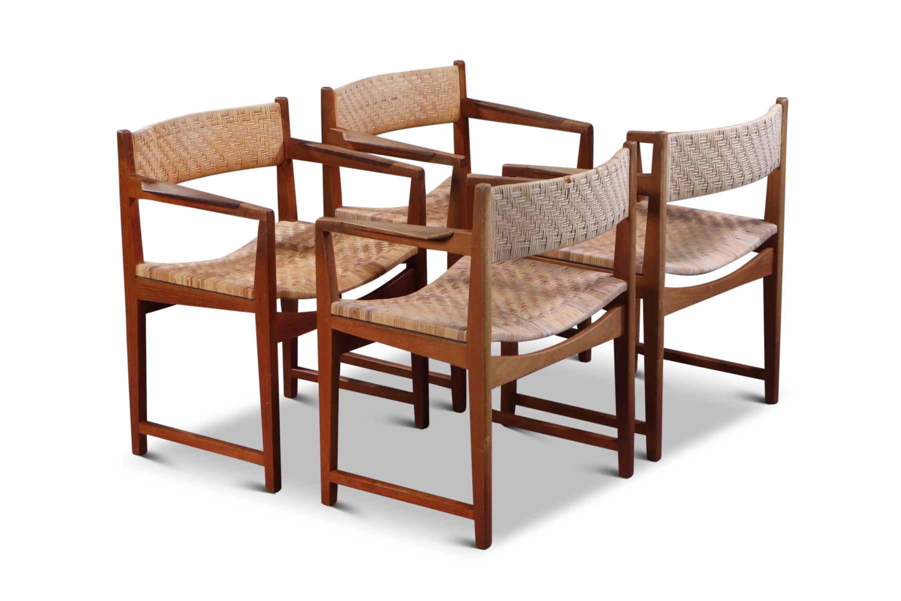 Danish Set of Four Teak + Cane Armchairs by Peter Hvidt