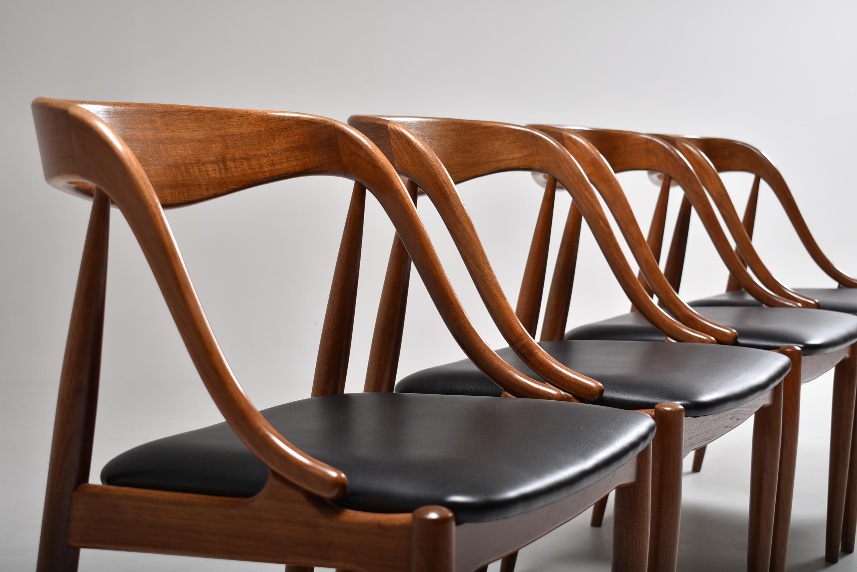 Faux Leather Set of Four Teak Dining Chairs by Johannes Andersen for Uldum, Denmark, 1960