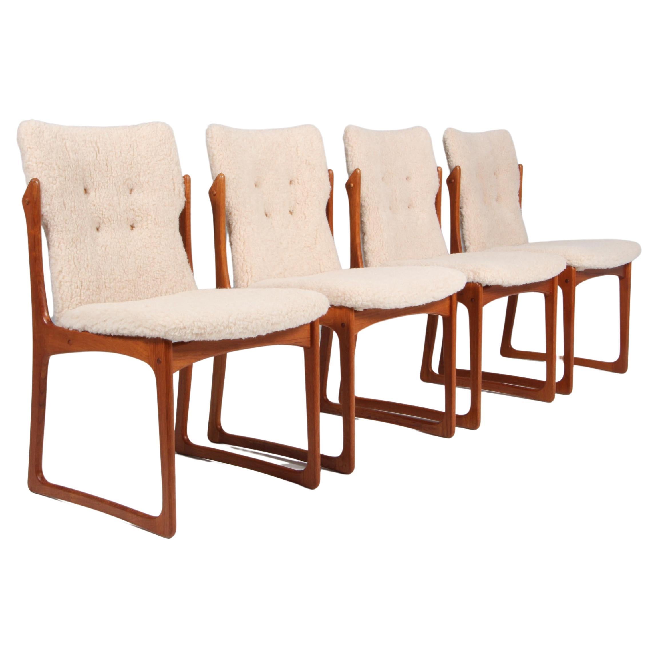 Set of Four Teak Dining Chairs by Vamdrup Stolefabrik, Denmark. Lambswool