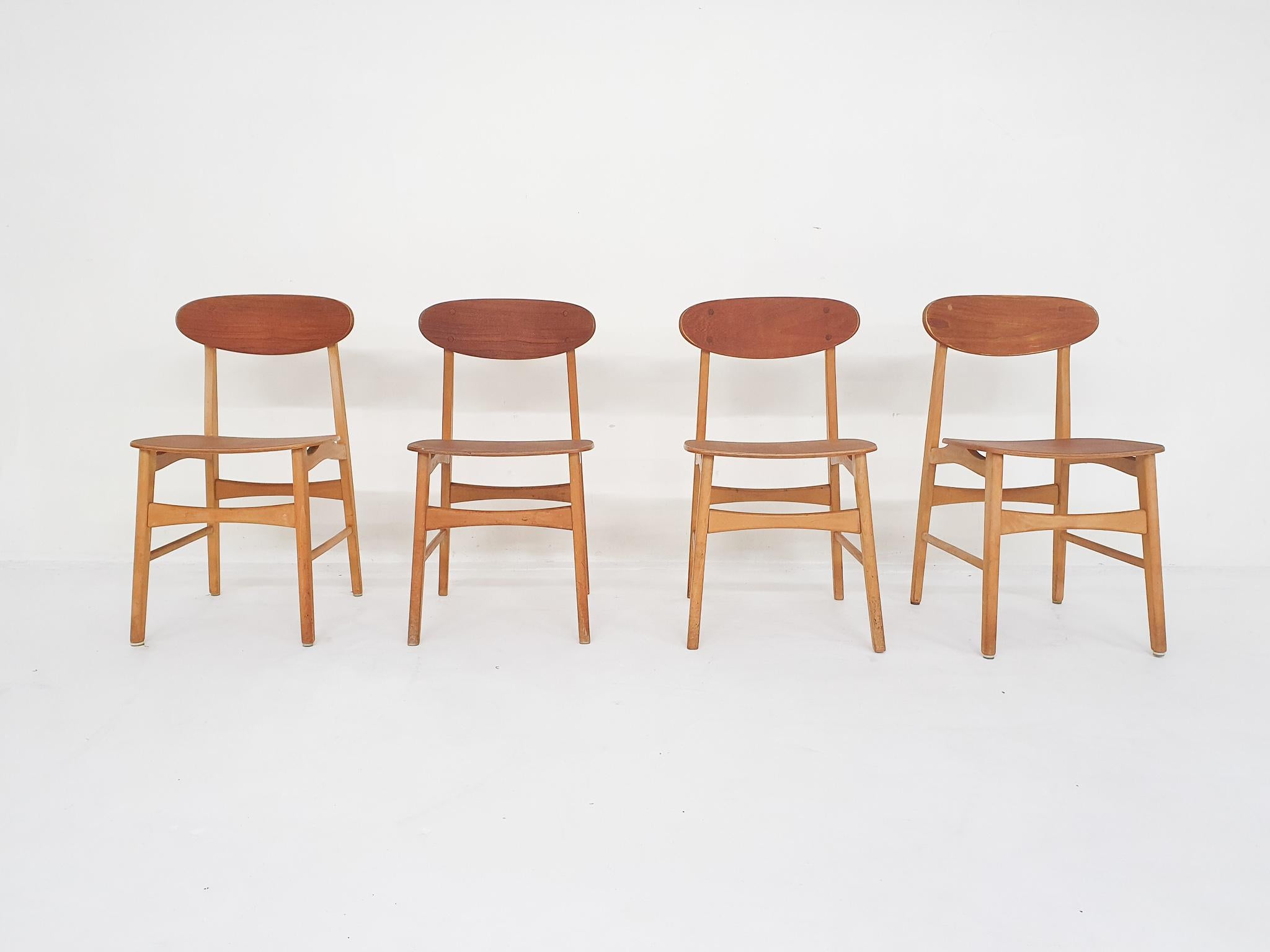 Scandinavian Modern Set of four teak plywood chairs, The Netherlands 1950's For Sale