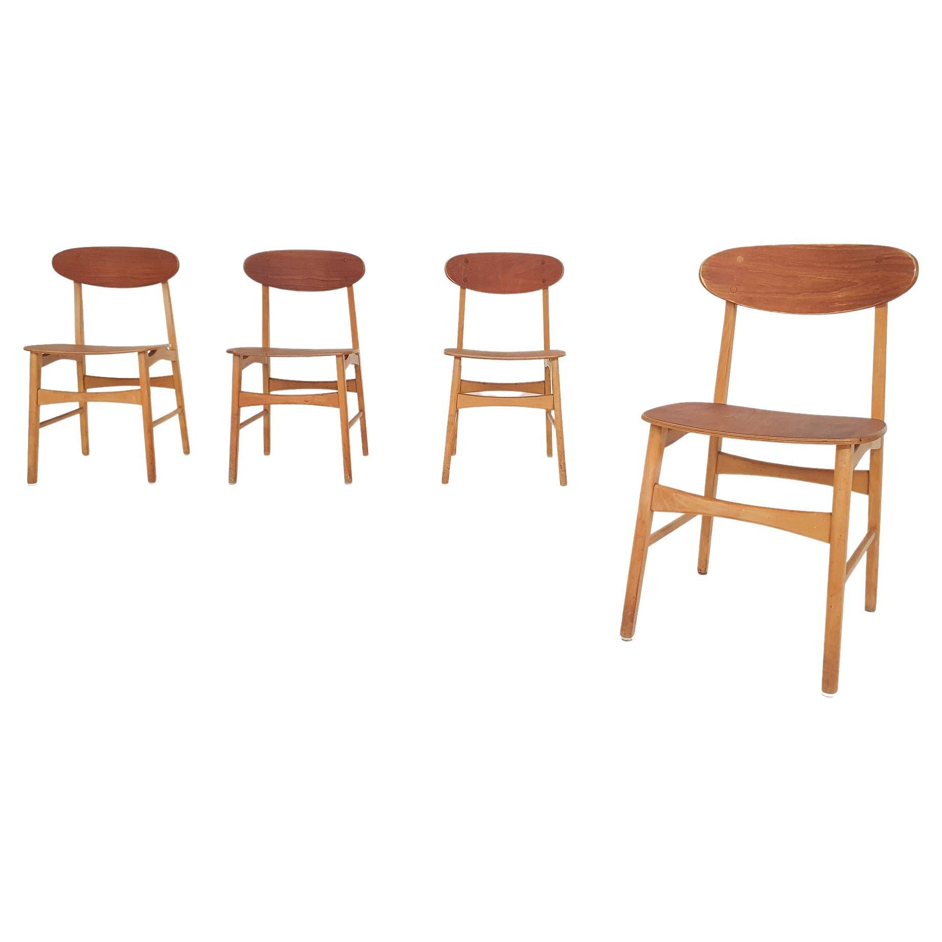 Set of four teak plywood chairs, The Netherlands 1950's For Sale