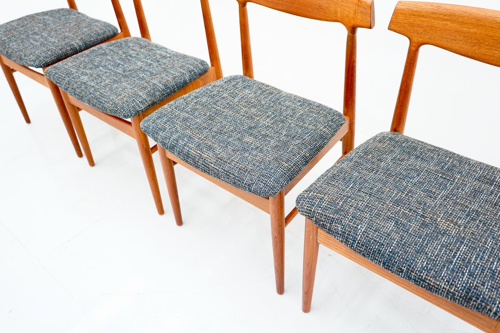 Fabric Set of Four Teak Wood Dining Chairs Mod. 60 by Henning Kjaernulf, 1960s For Sale