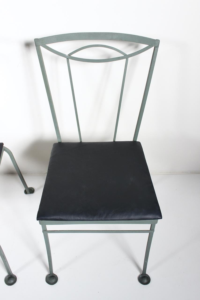 Leather Set of Four Tempestini for Salterini Wrought Iron Dining Chairs, circa 1940 For Sale