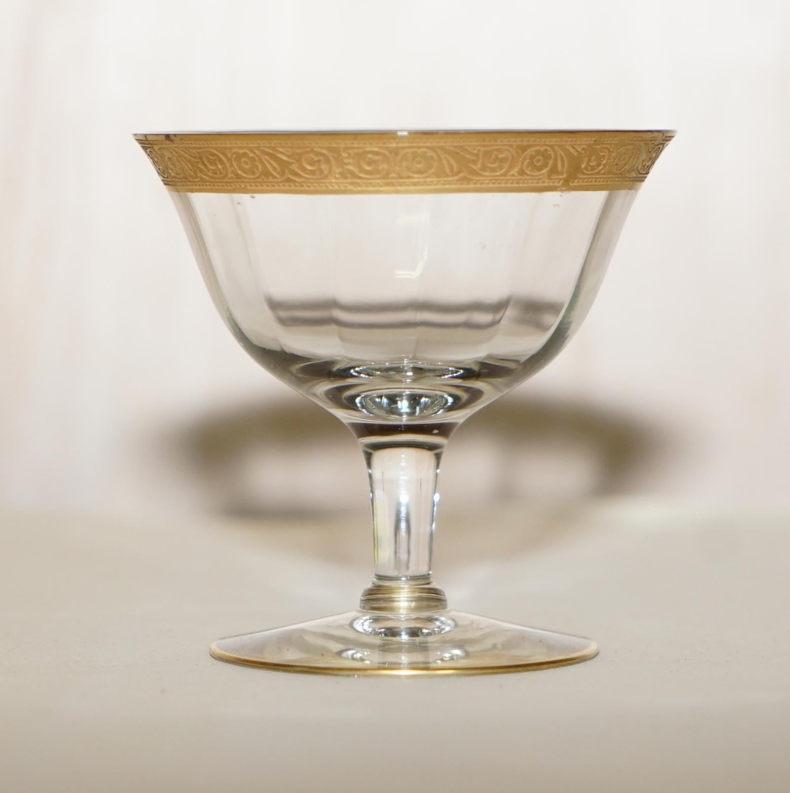 Royal House Antiques

Royal House Antiques is delighted to offer for sale this stunning suite of four Thistle gold Saint Louis style champagne glasses

A good looking well made and decorative set, they look vintage to me circa 1960’s, they have a