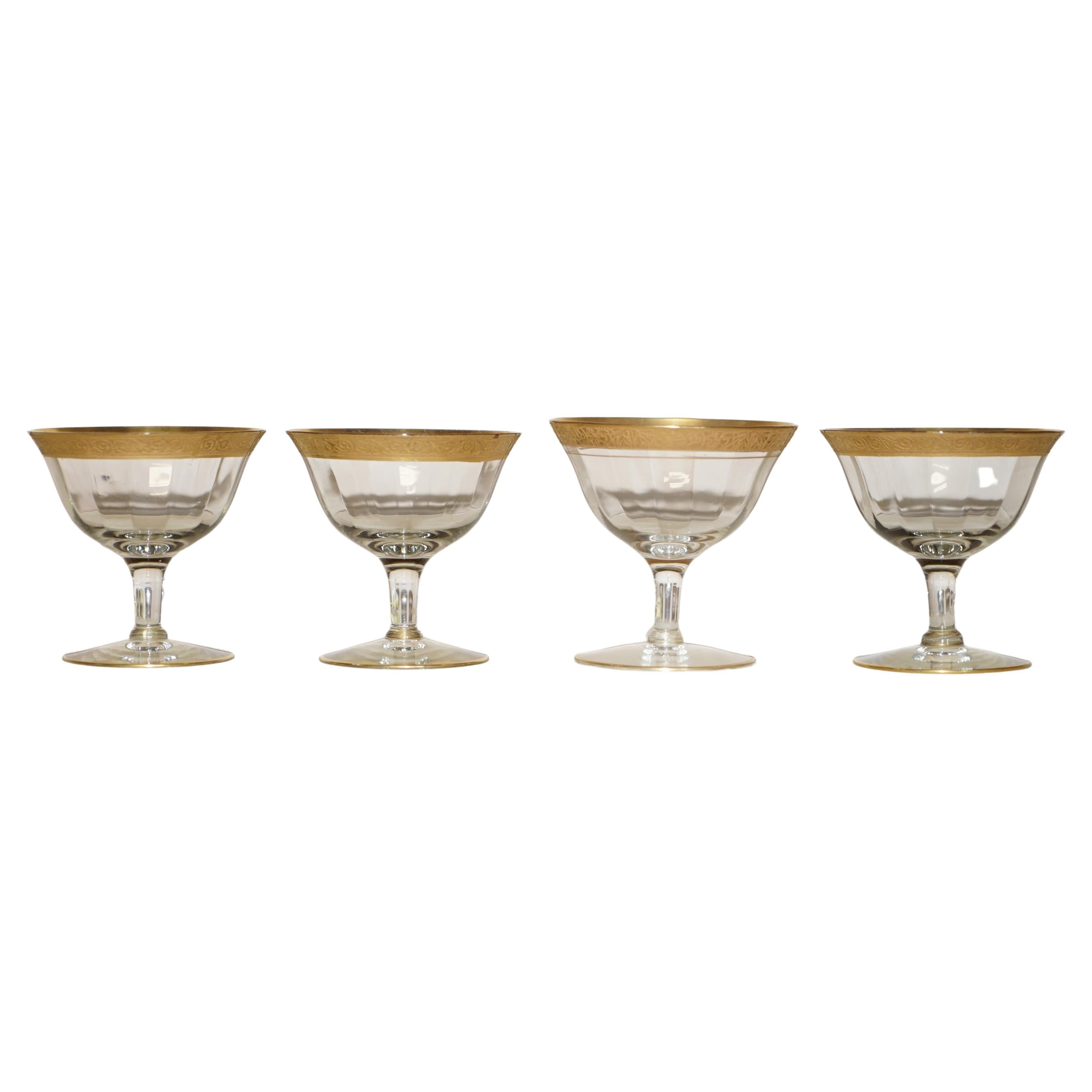 Set of Four Thistle Gold Saint Louis Style Champagne Glasses with Gold Trims