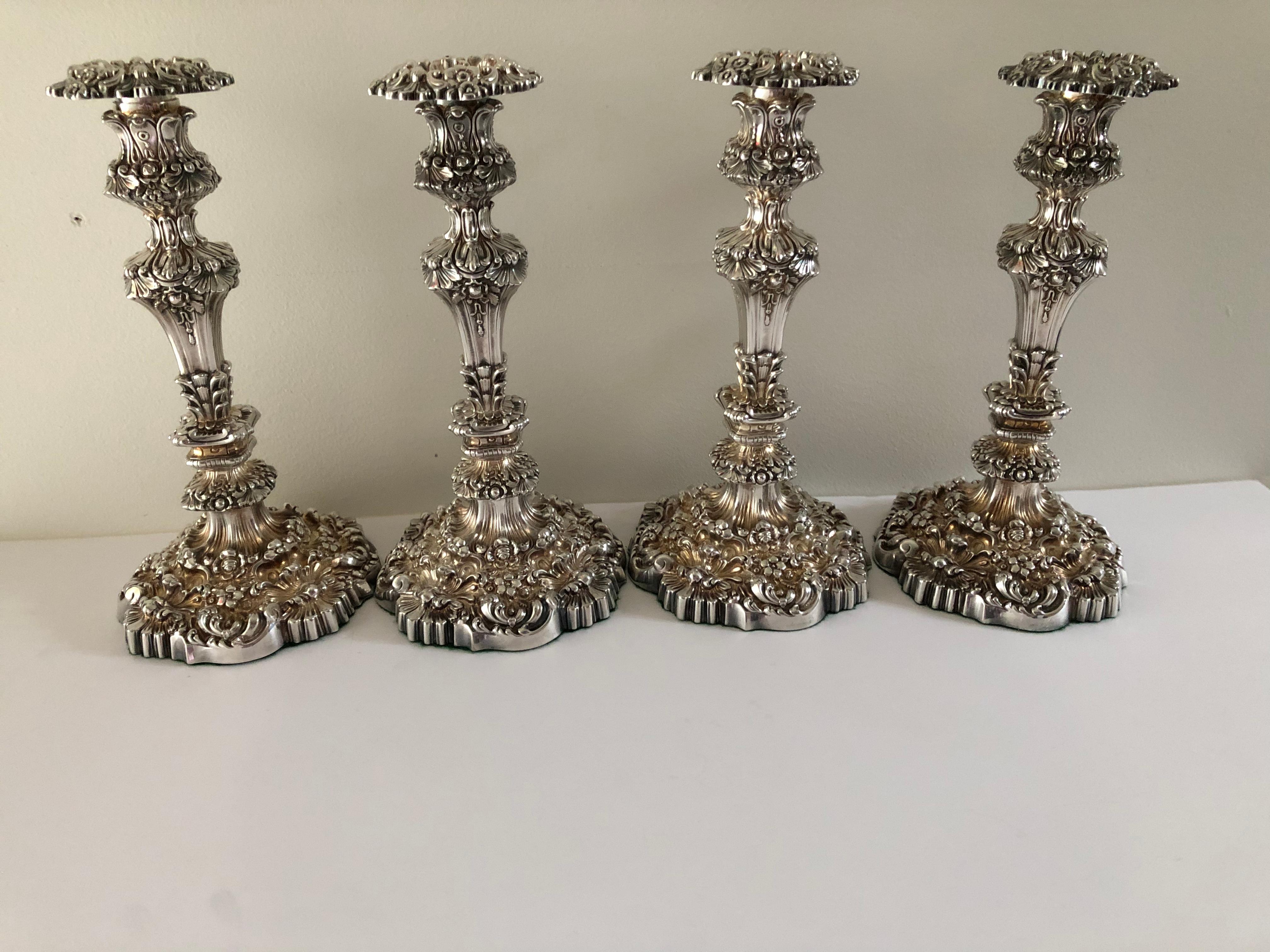 19th Century Set of Four Thomas Bradbury Antique Sheffield Rococo Repousse Candlesticks