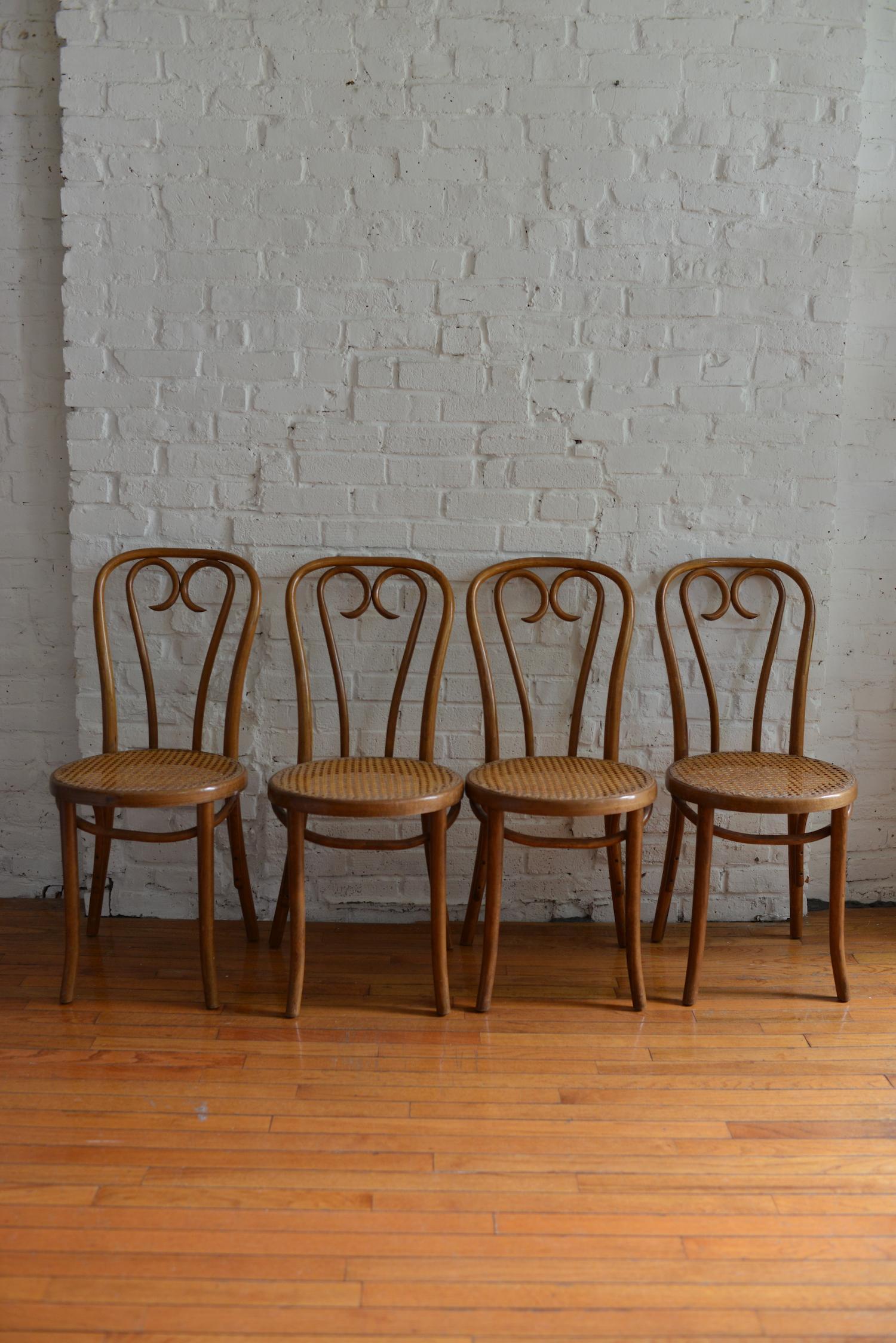 Set of four vintage No. 16 Bentwood chairs by Michael Thonet for ZPM Radomsko. Often referred to as the Sweetheart chair, this set was designed by Michael Thonet and produced by ZPM Rodomsko in Poland, which was a former Thonet factory until it was