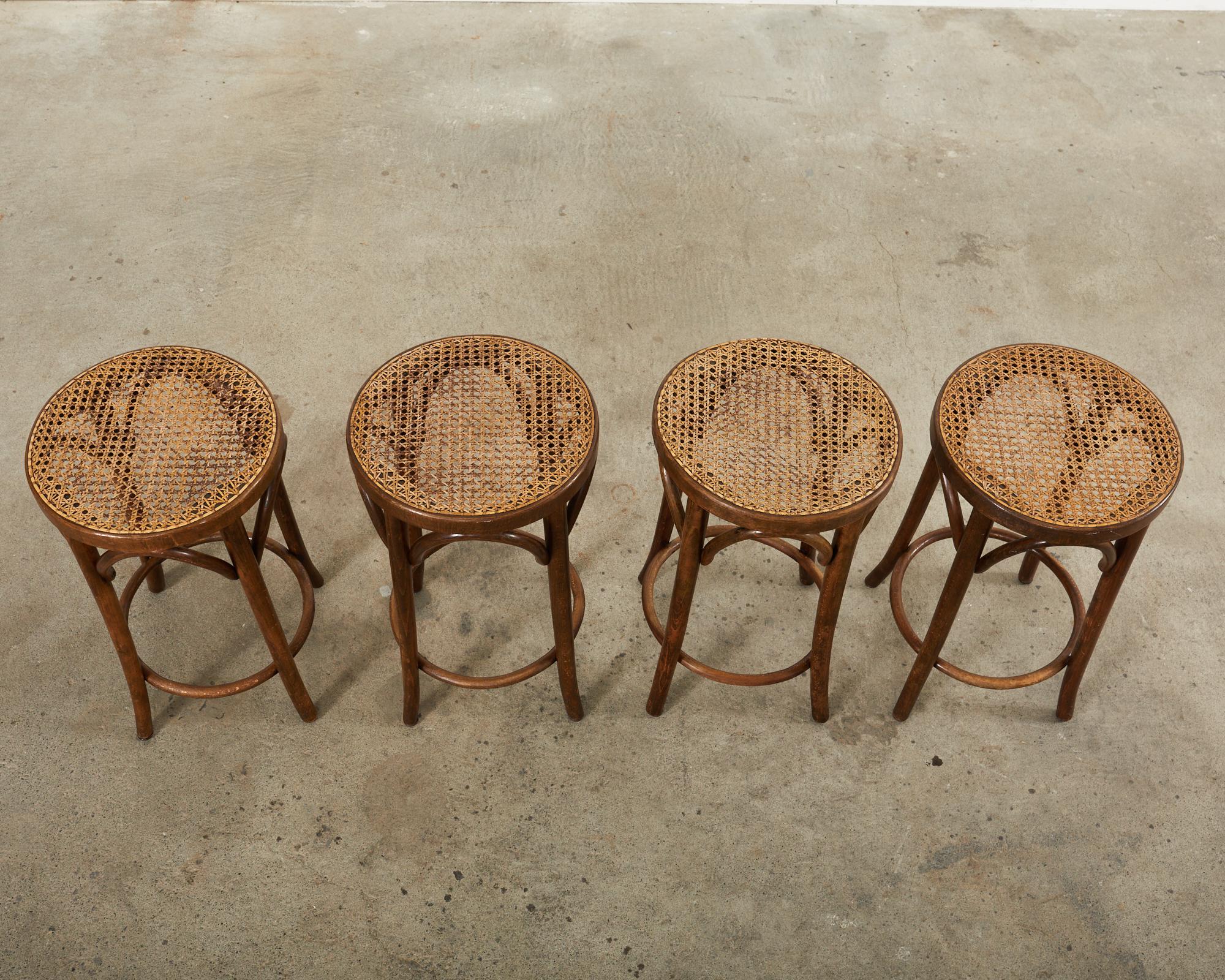 European Set of Four Thonet Style Bentwood Cane Seat Barstools