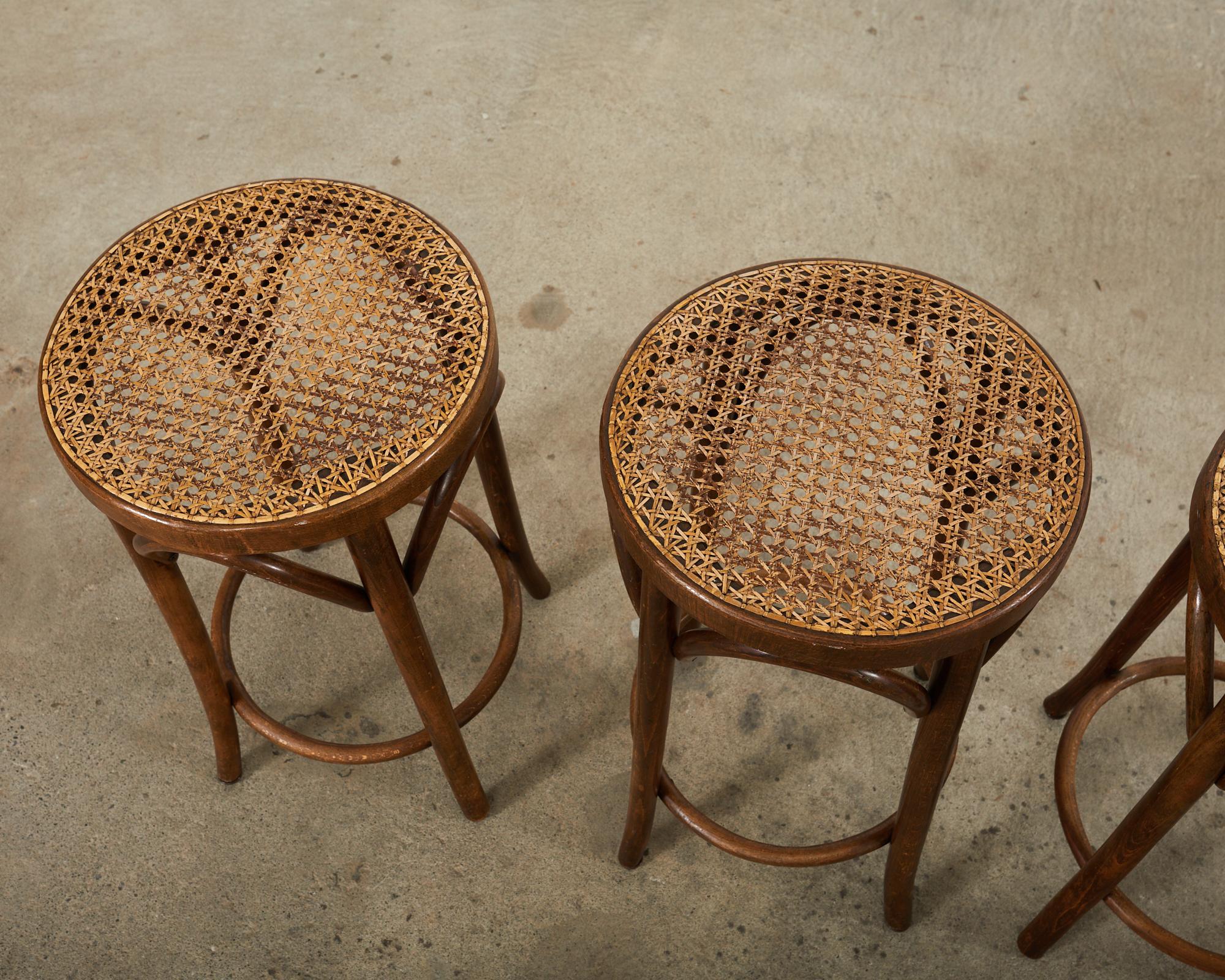 Hand-Crafted Set of Four Thonet Style Bentwood Cane Seat Barstools
