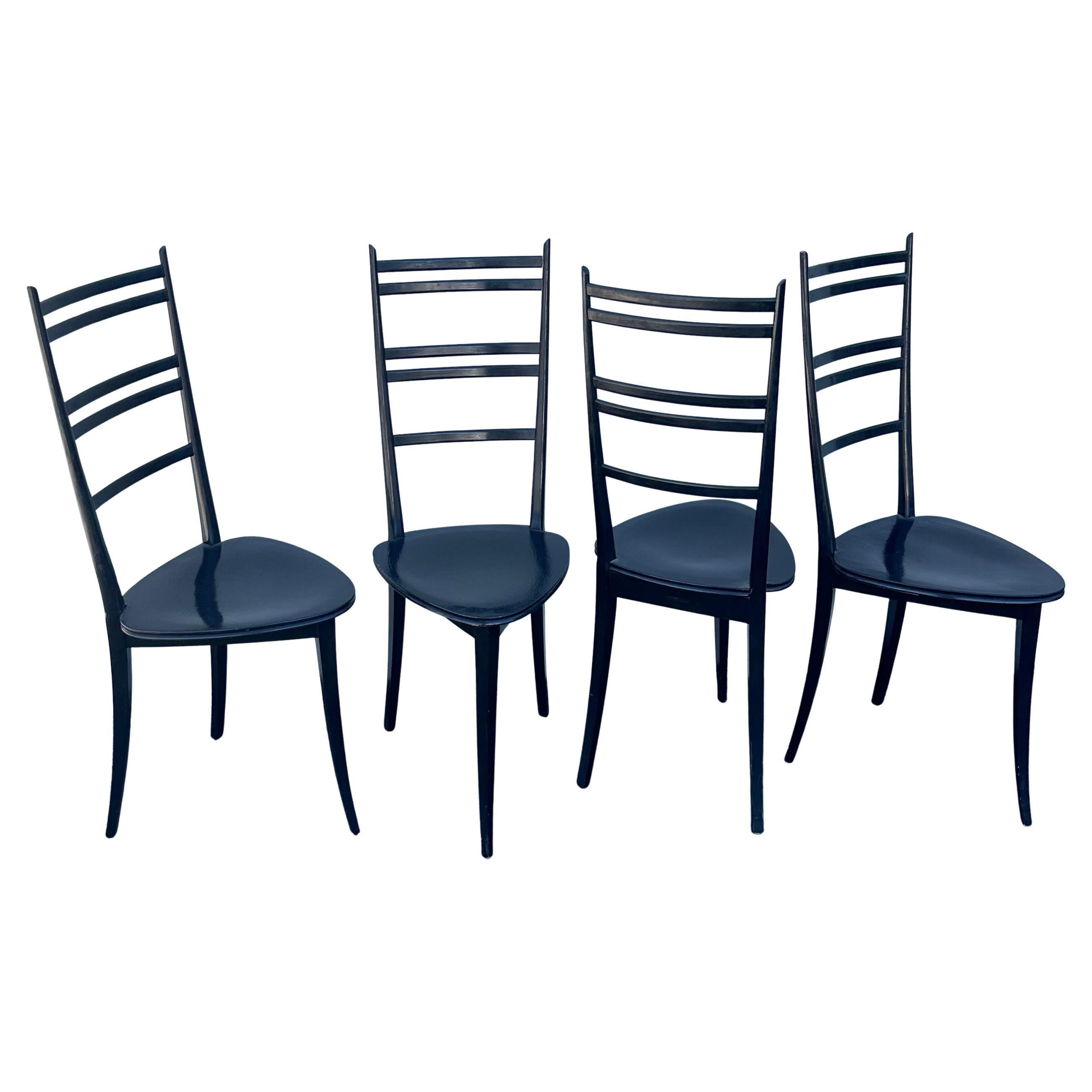 Set of Four Three-Legged Ladder Back Chairs in the Style of Gio Ponti