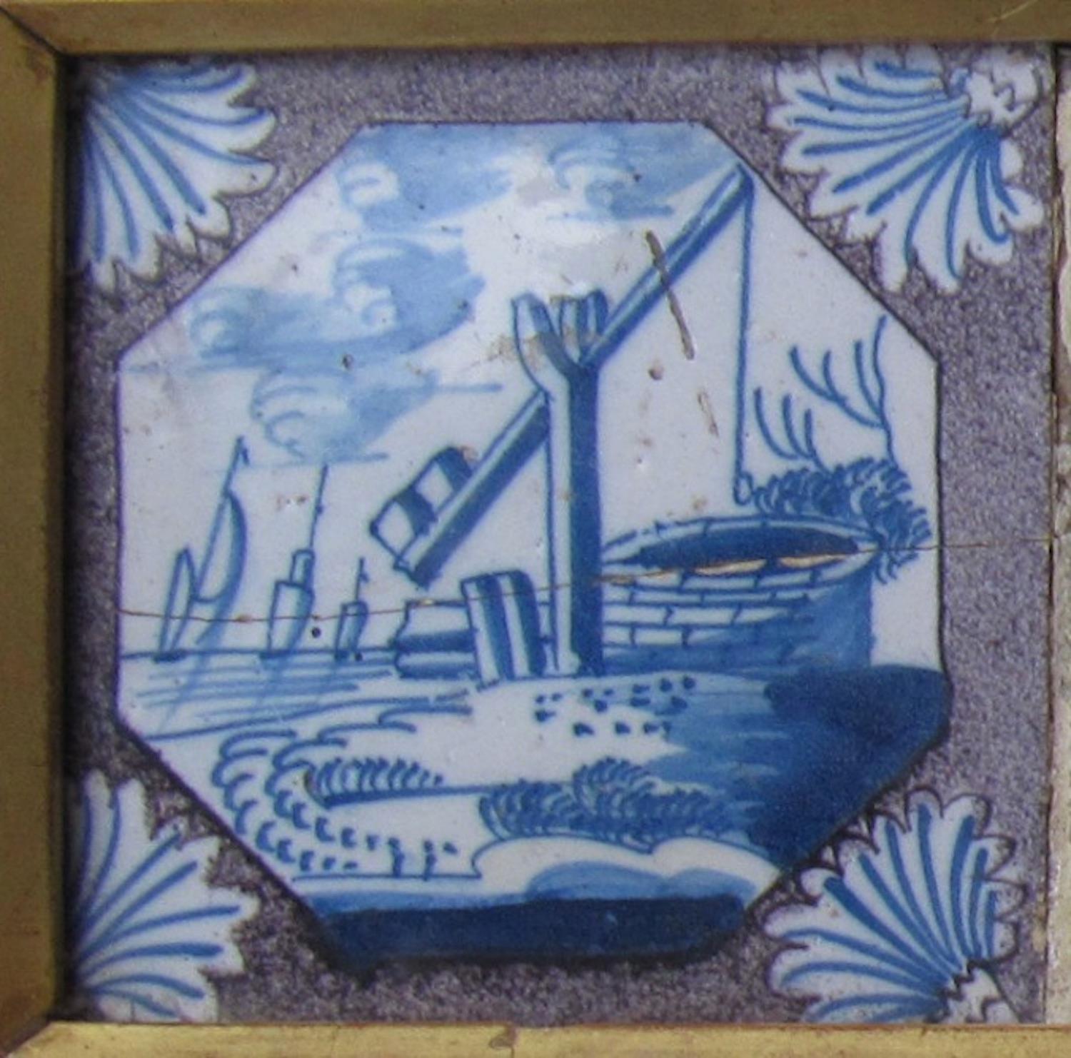 George II Set of Four Tiles Delftware, 18th Century, Manganese, Pottery, Tin Glaze, Mounte For Sale