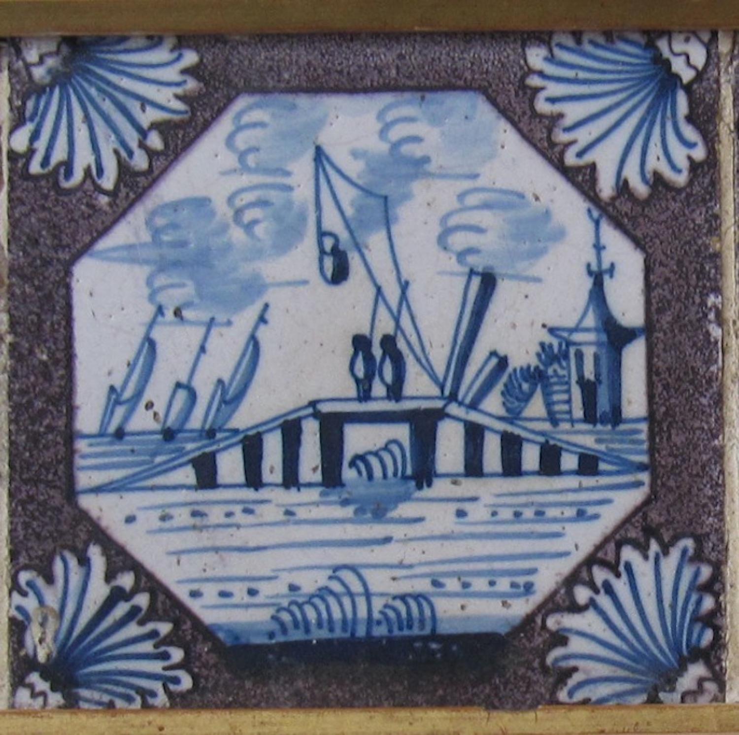 European Set of Four Tiles Delftware, 18th Century, Manganese, Pottery, Tin Glaze, Mounte For Sale