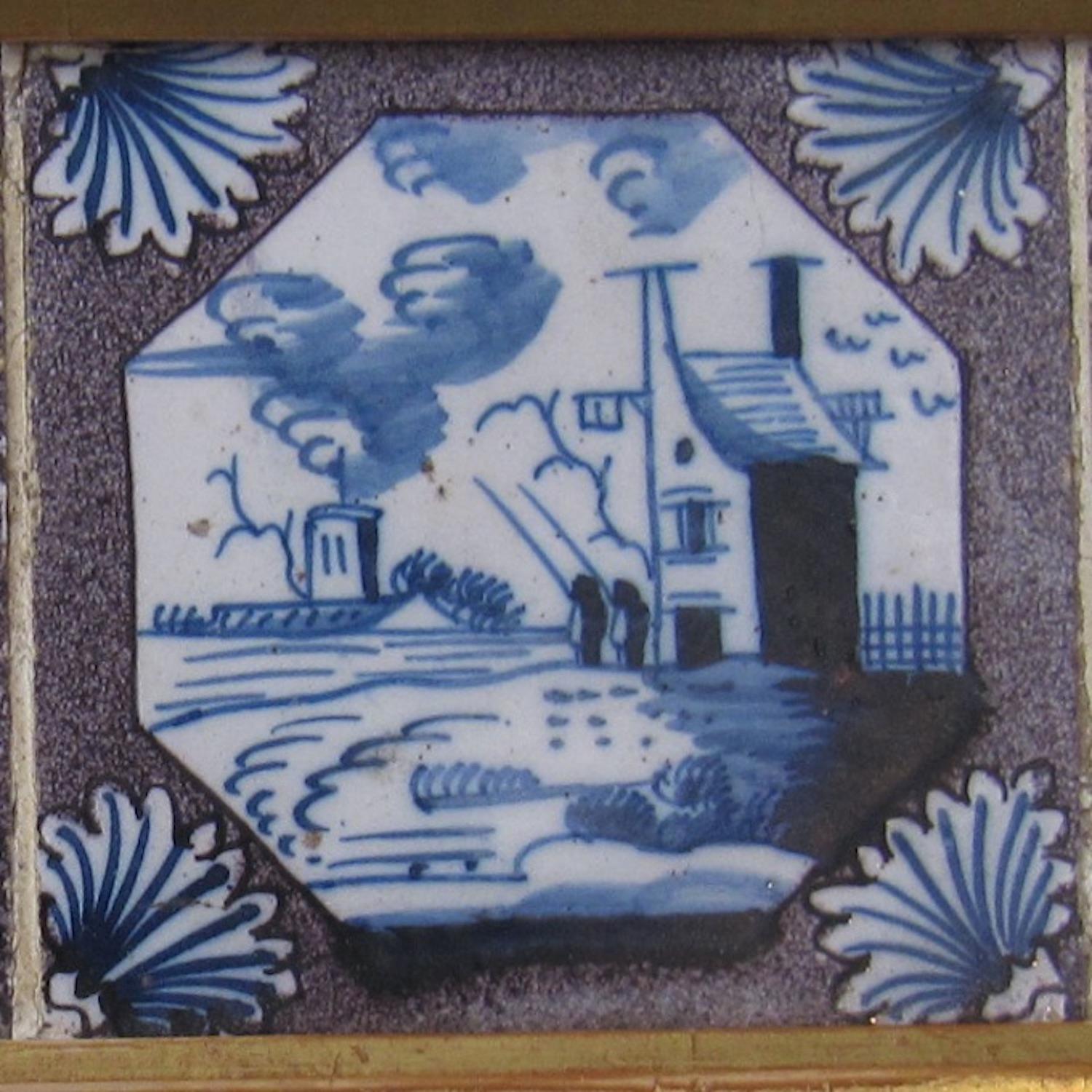 Hand-Painted Set of Four Tiles Delftware, 18th Century, Manganese, Pottery, Tin Glaze, Mounte For Sale