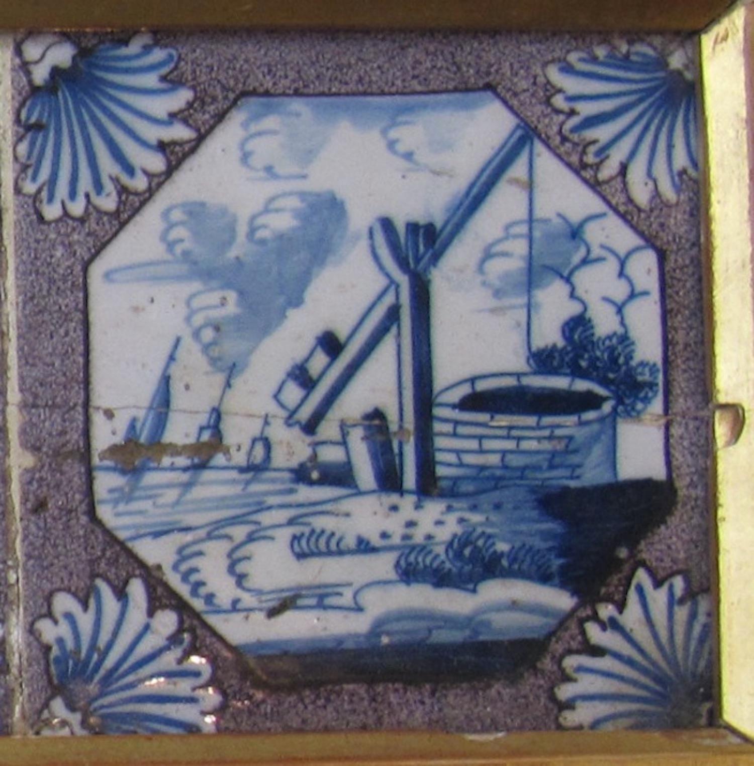 Set of Four Tiles Delftware, 18th Century, Manganese, Pottery, Tin Glaze, Mounte In Good Condition For Sale In BUNGAY, SUFFOLK