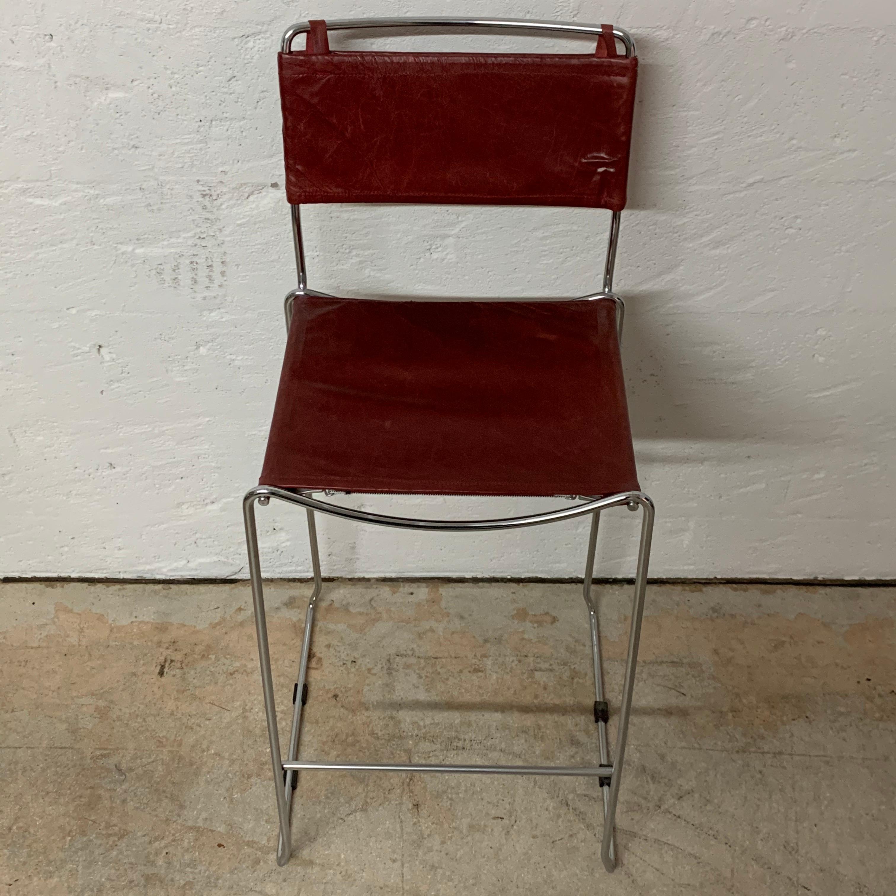 Set of Four Toyoda Hiroyuki Stacking Chrome & Ox Blood Leather Barstools for ICF 2