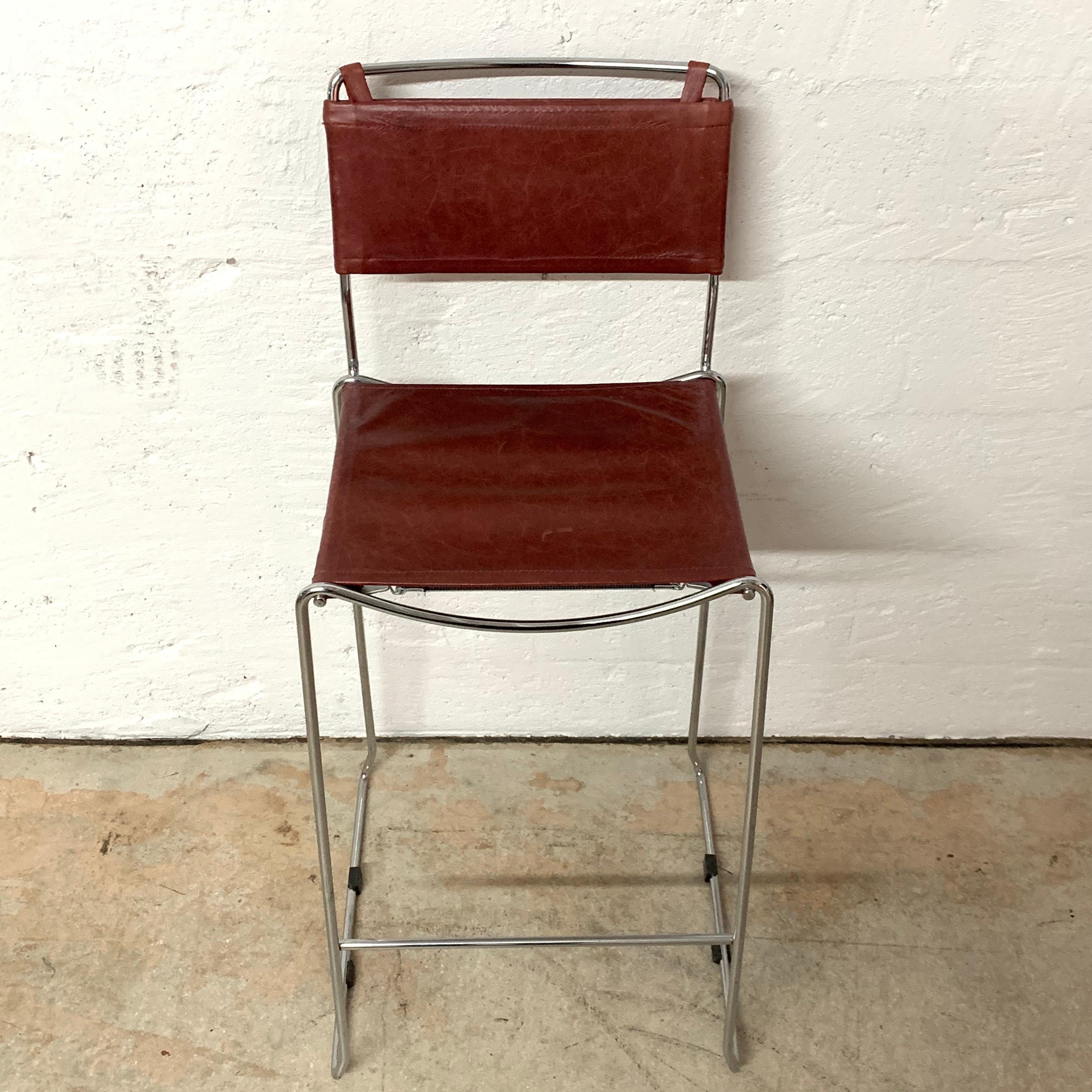Set of Four Toyoda Hiroyuki Stacking Chrome & Ox Blood Leather Barstools for ICF 3