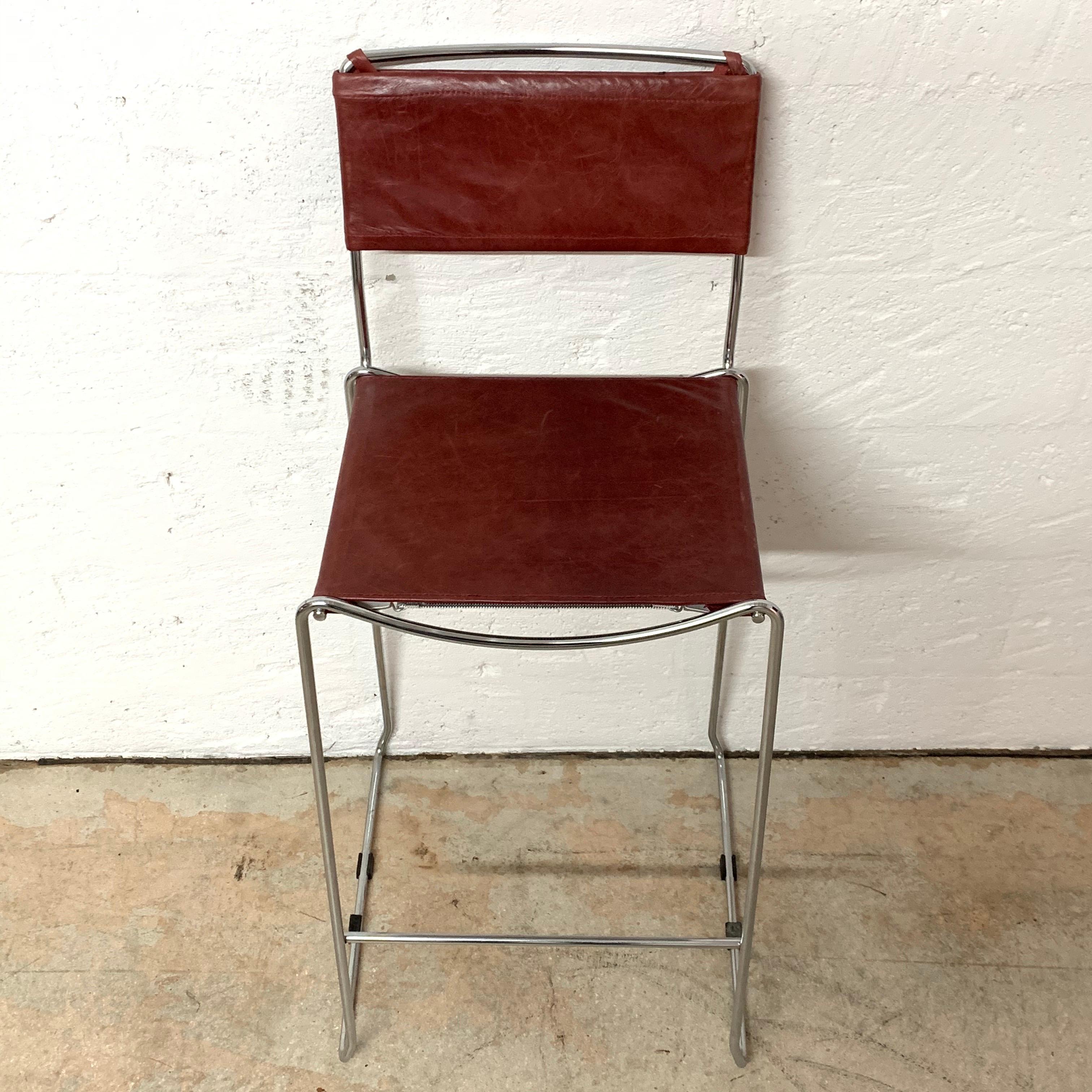 Set of Four Toyoda Hiroyuki Stacking Chrome & Ox Blood Leather Barstools for ICF 4
