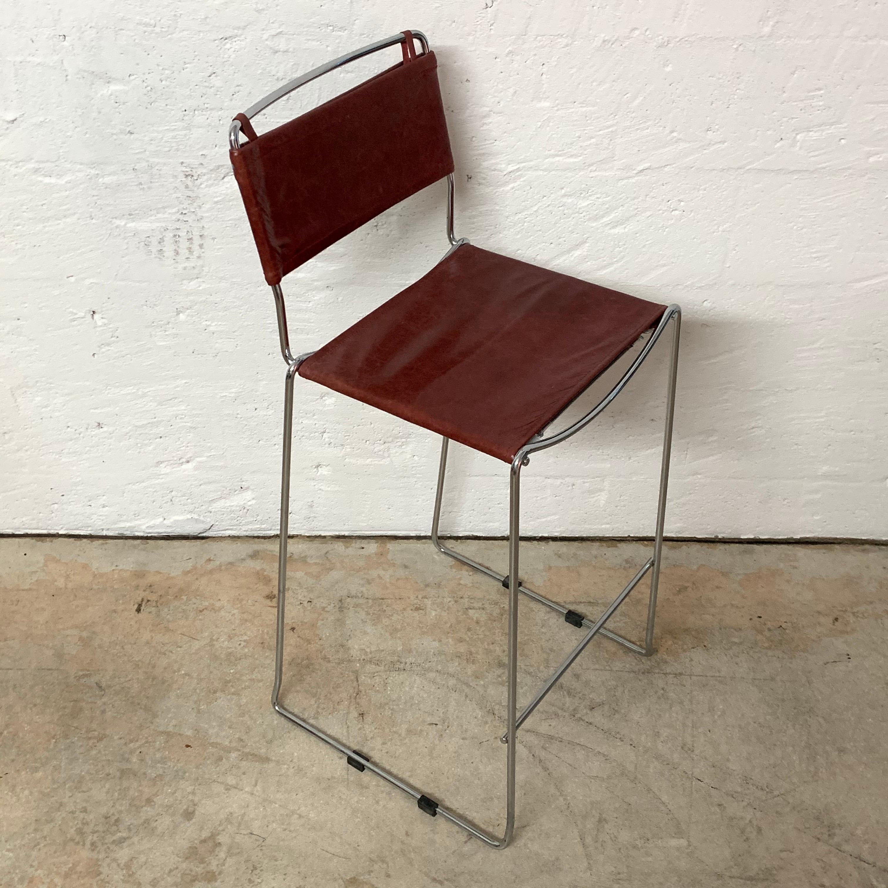 Mid-Century Modern Set of Four Toyoda Hiroyuki Stacking Chrome & Ox Blood Leather Barstools for ICF