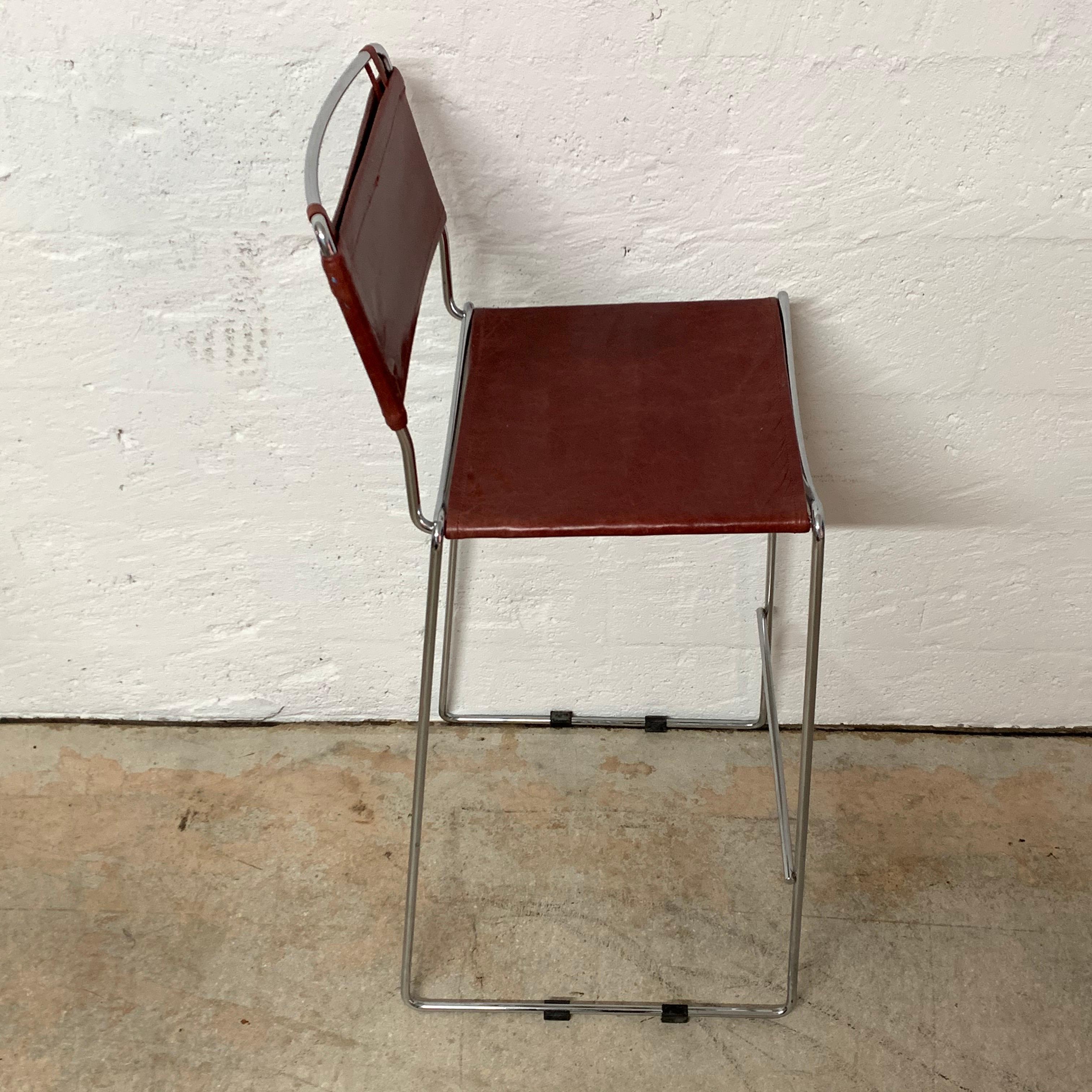 Italian Set of Four Toyoda Hiroyuki Stacking Chrome & Ox Blood Leather Barstools for ICF