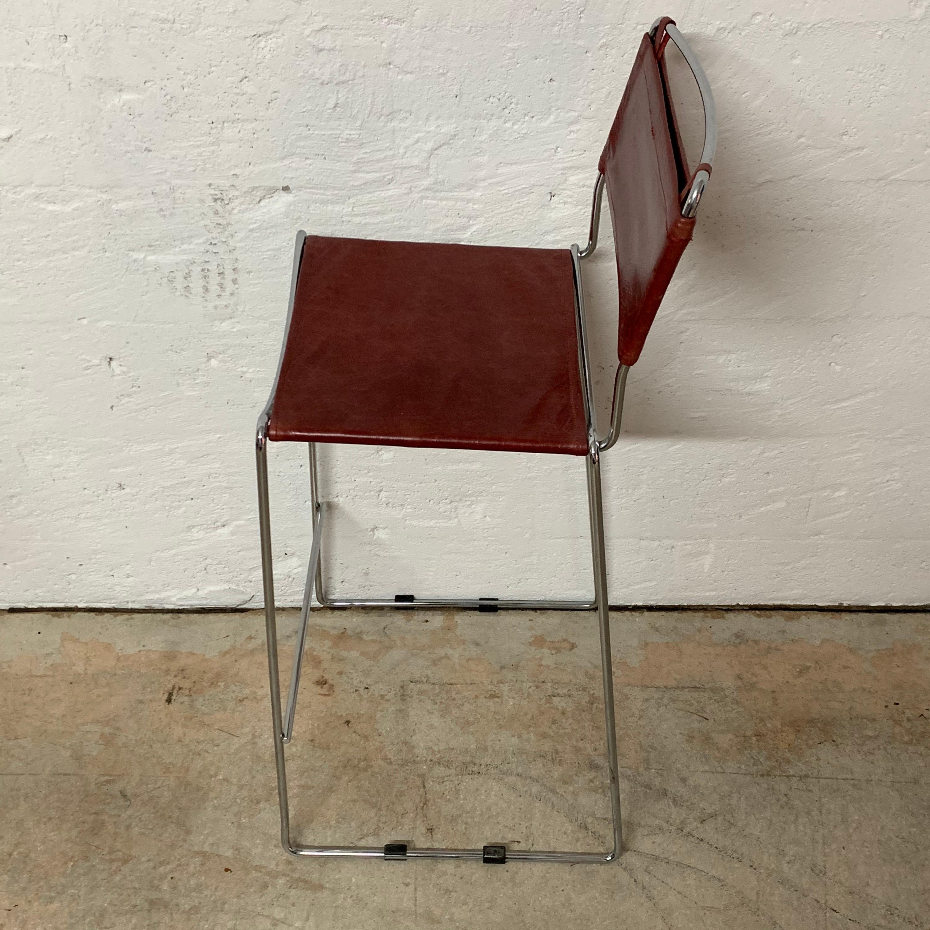Set of Four Toyoda Hiroyuki Stacking Chrome & Ox Blood Leather Barstools for ICF In Good Condition In Miami, FL