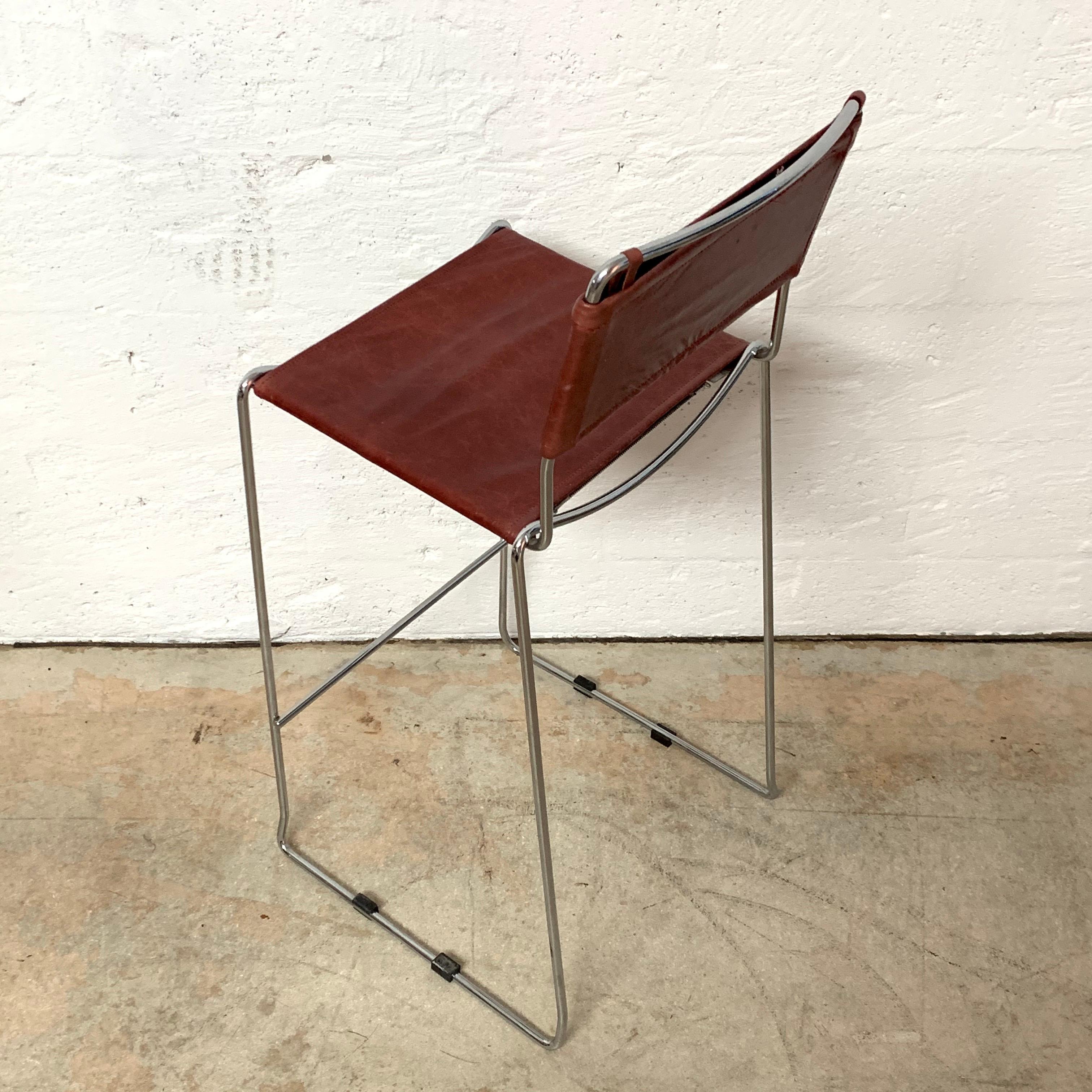 20th Century Set of Four Toyoda Hiroyuki Stacking Chrome & Ox Blood Leather Barstools for ICF