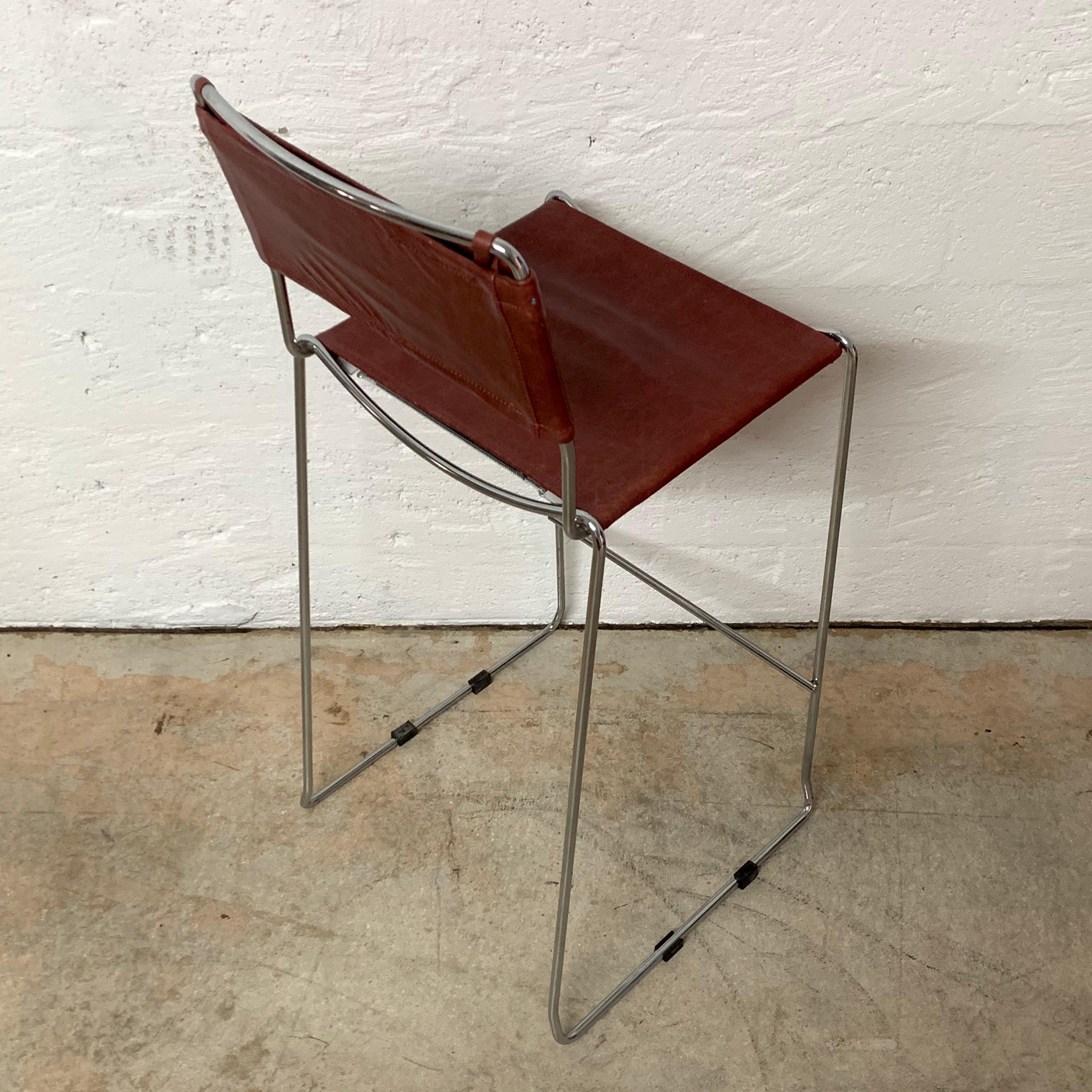 Steel Set of Four Toyoda Hiroyuki Stacking Chrome & Ox Blood Leather Barstools for ICF