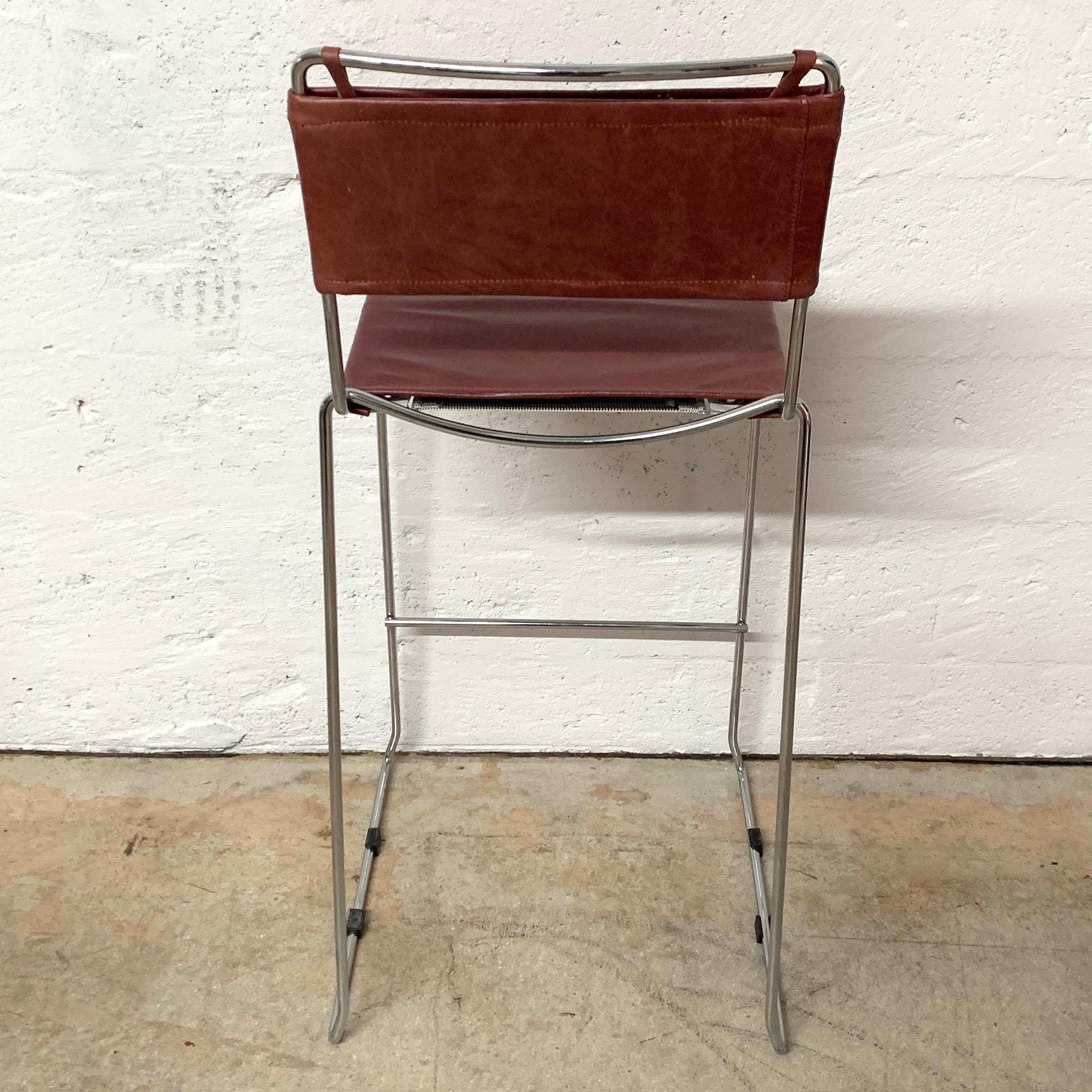 Set of Four Toyoda Hiroyuki Stacking Chrome & Ox Blood Leather Barstools for ICF 1