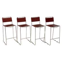 Set of Four Toyoda Hiroyuki Stacking Chrome & Ox Blood Leather Barstools for ICF