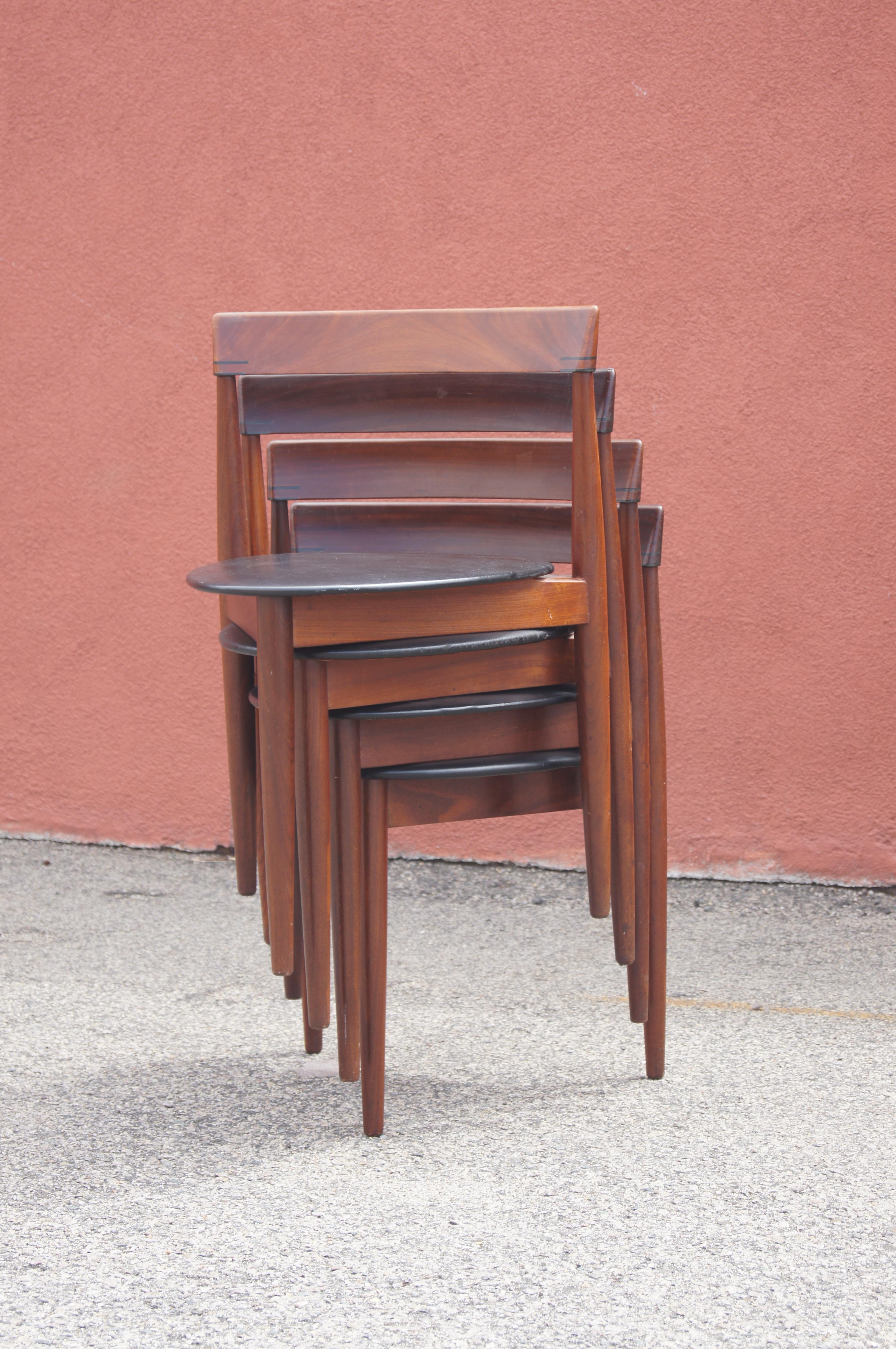 Set of Four Triangular Teak Stacking Chairs by Hans Olsen for Frem Røjle In Good Condition For Sale In Dorchester, MA