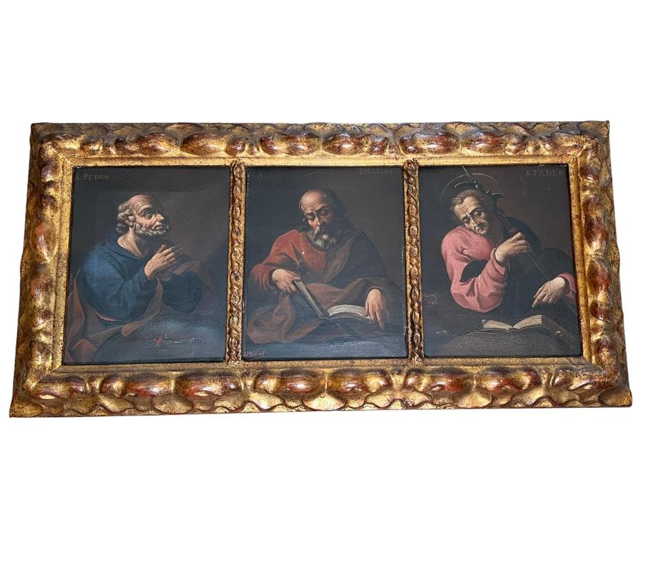 These are a set of Four “triptychs” oil paintings on canvas of the twelve apostles. Each one of the “triptychs” are rectangular shaped, divided in three squares and depicts three different portraits of each one of the twelve apostles. Each set of