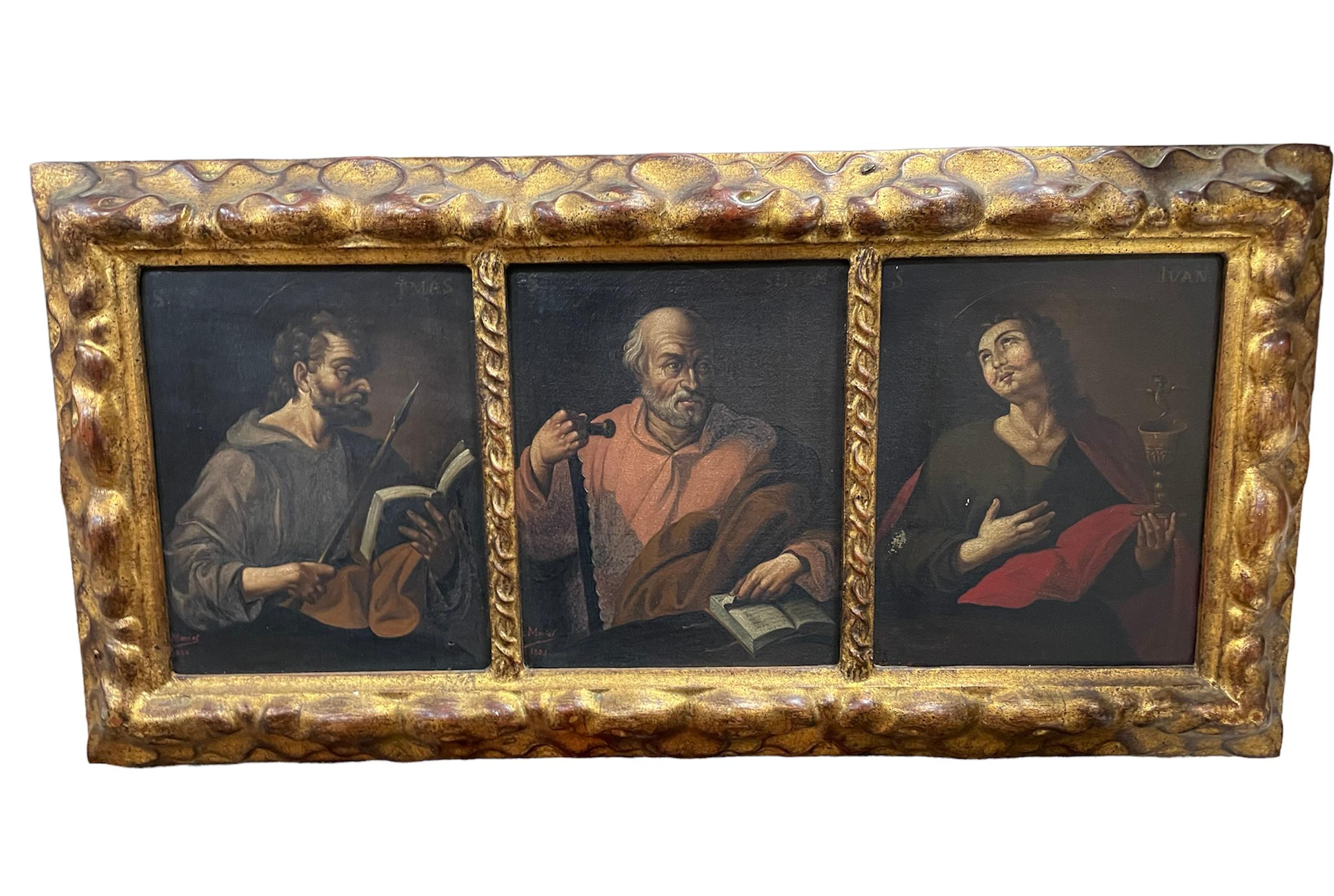 Gilt Set of Four Triptychs Oil Paintings on Canvas of the Twelve Apostles For Sale